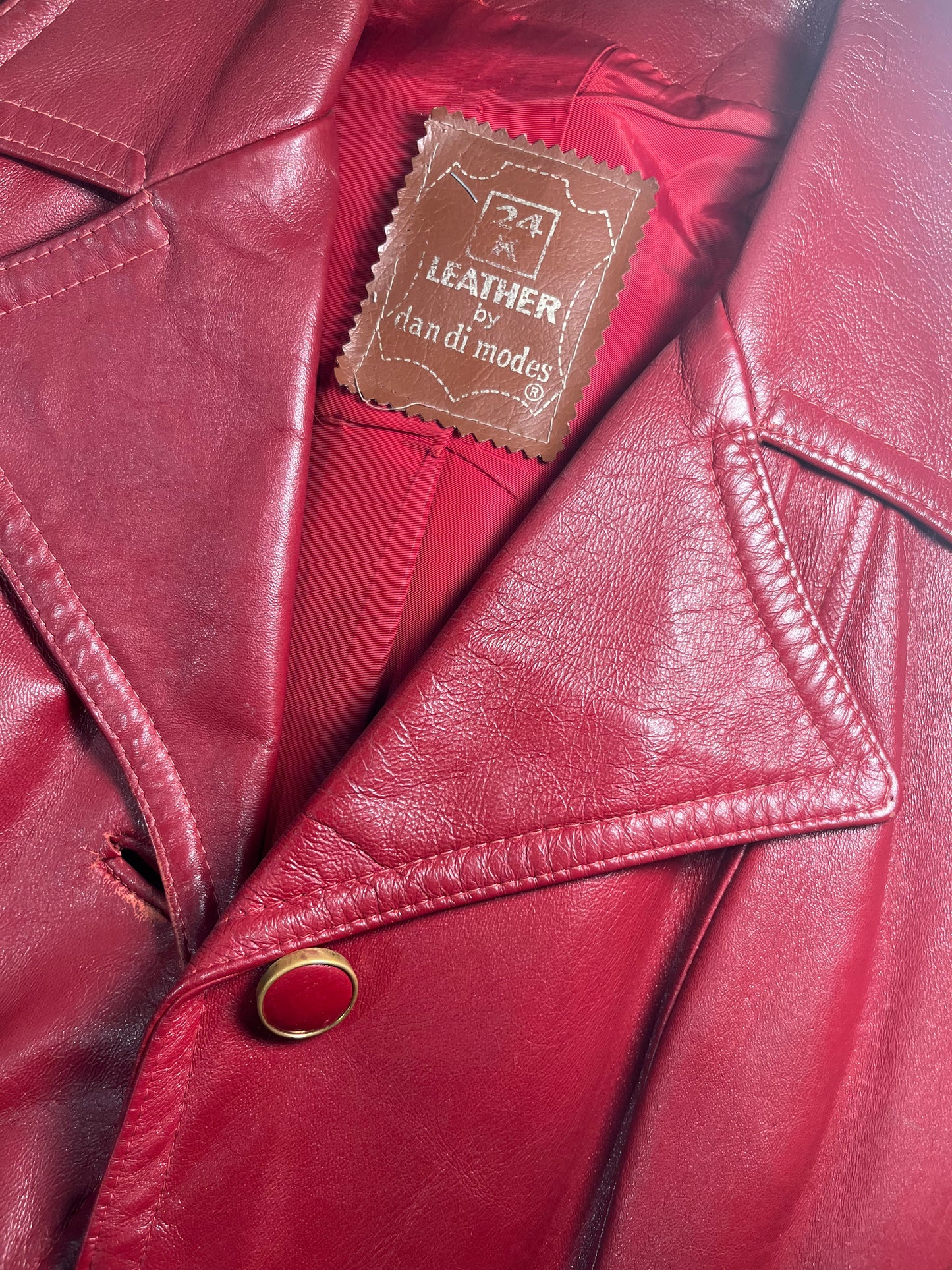 70s 'Dan Di Modes' Red Leather Half Trench Coat Jacket / Medium