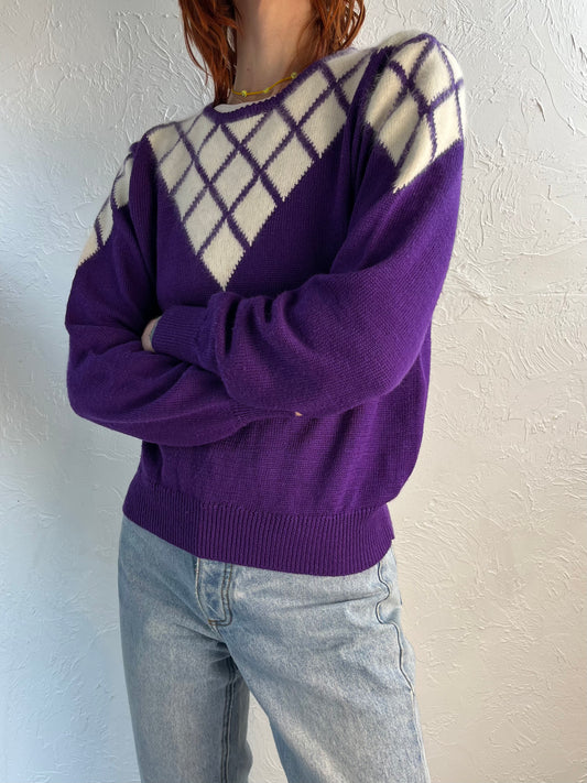 90s 'Personal' Purple V Neck Knit Sweater / Small