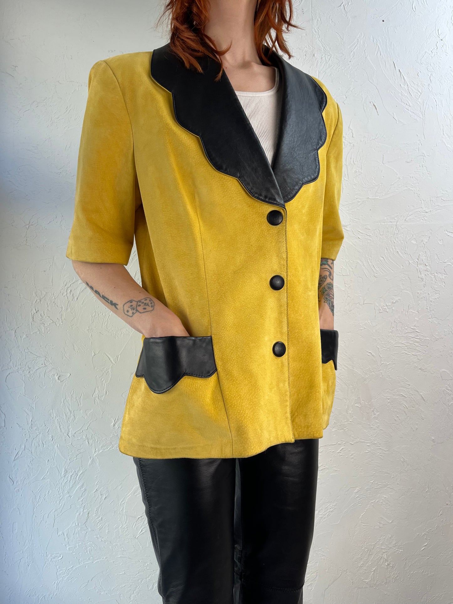 90s 'Danier' Yellow Leather Short Sleeve Jacket / Large