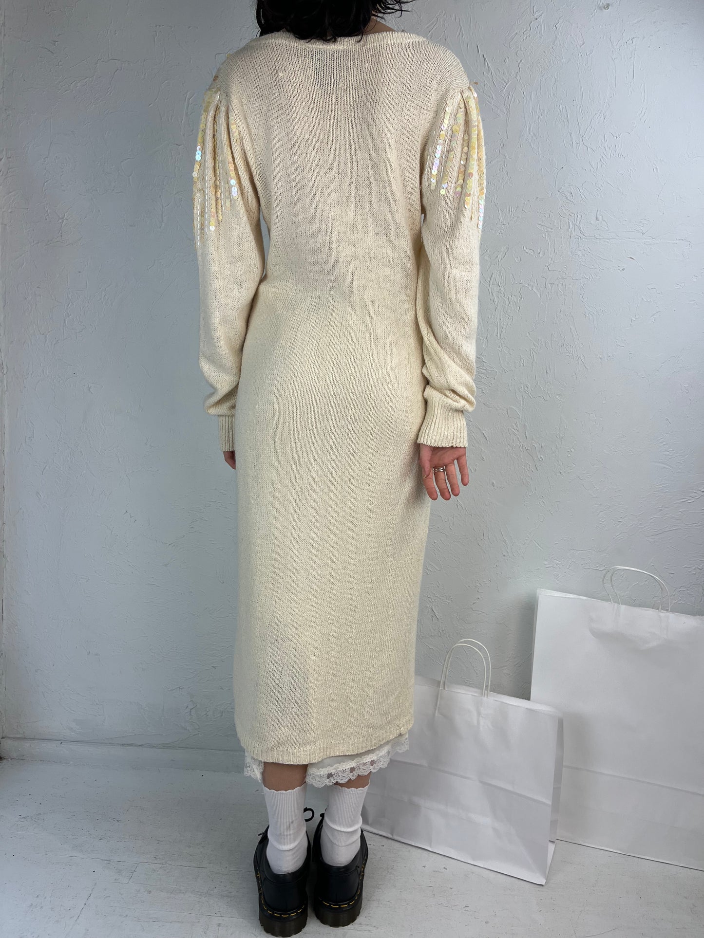 90s 'Raoul' Cream Knit Sequin Long Sleeve Sweater Dress / Small
