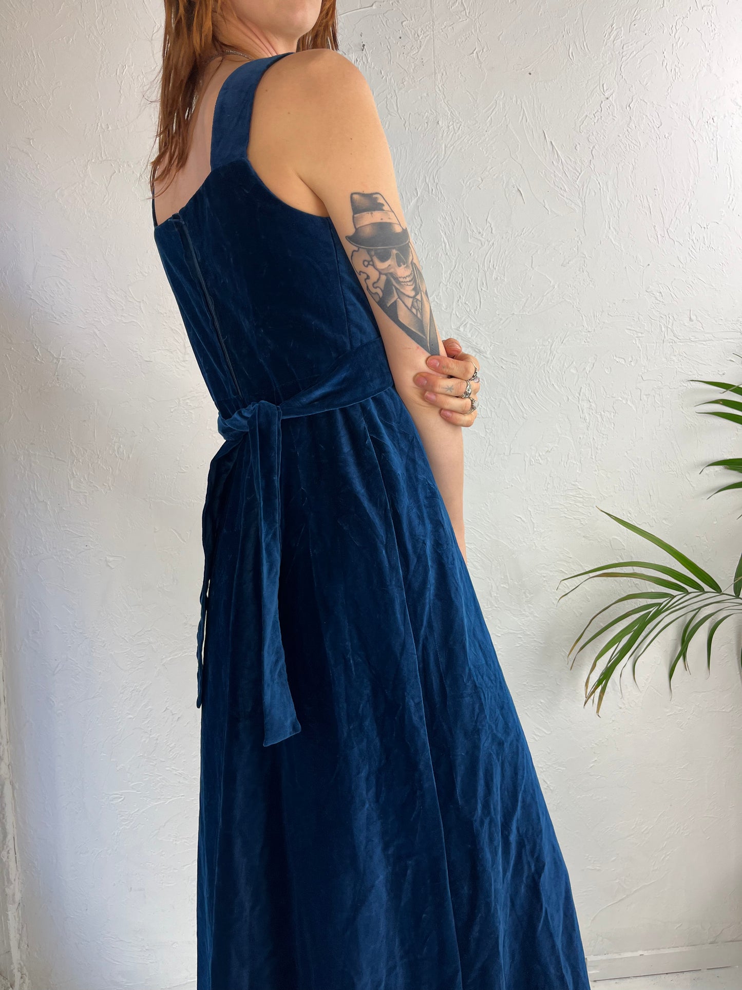 90s 'Q In' Blue Cotton Velvet Evening Dress / Small