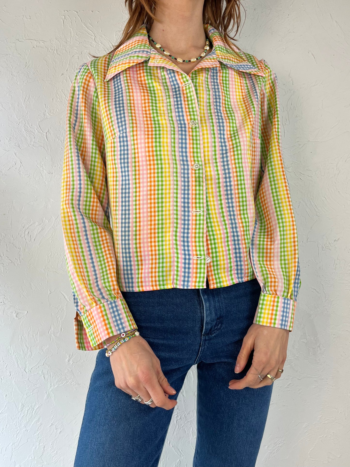 70s Rainbow Gingham Button Up Shirt / Small