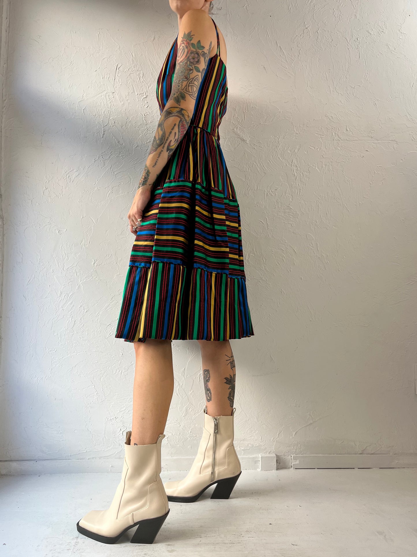 50s 60s 'Maggi Stover' Rainbow Striped Sleeveless A Line Dress / XS - Small