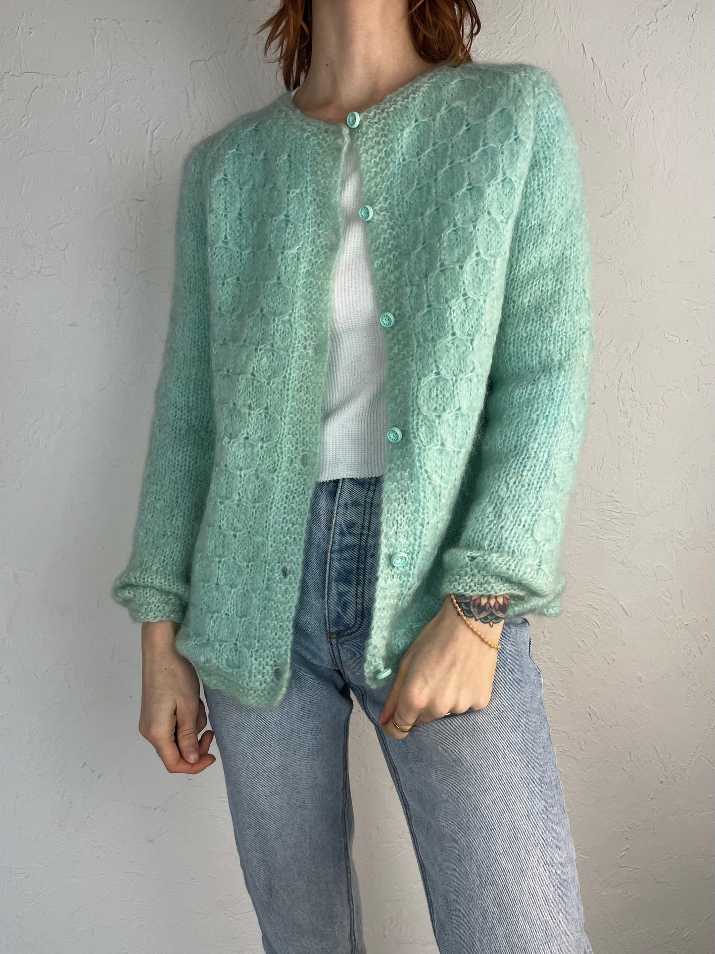 80s Handmade Teal Mohair Knit Cardigan Sweater