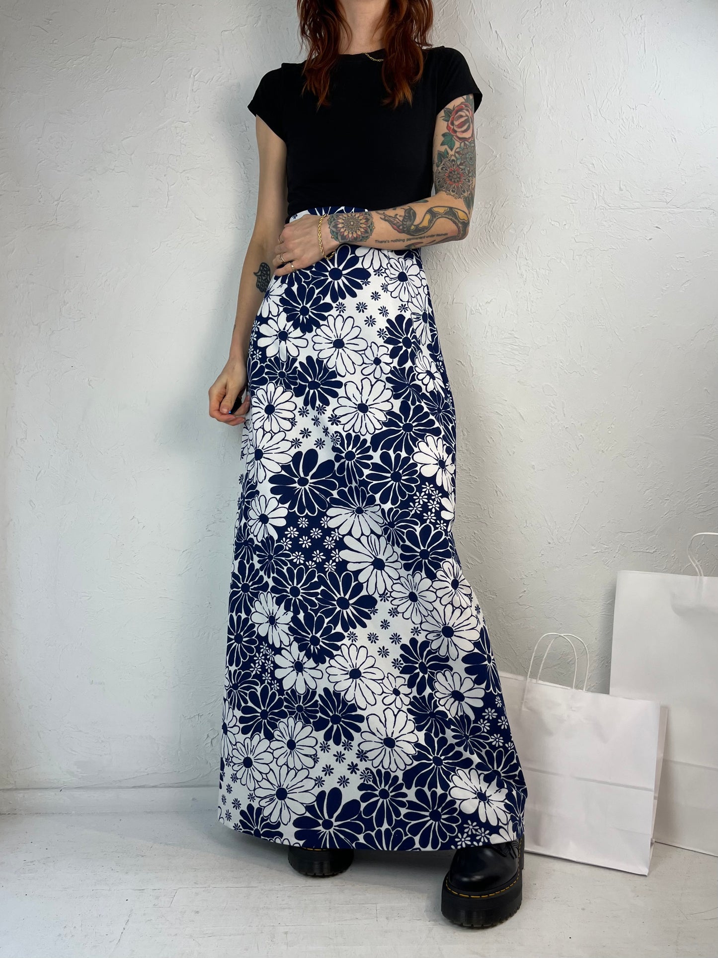 70s Handmade Retro Floral Print Maxi Skirt / Small