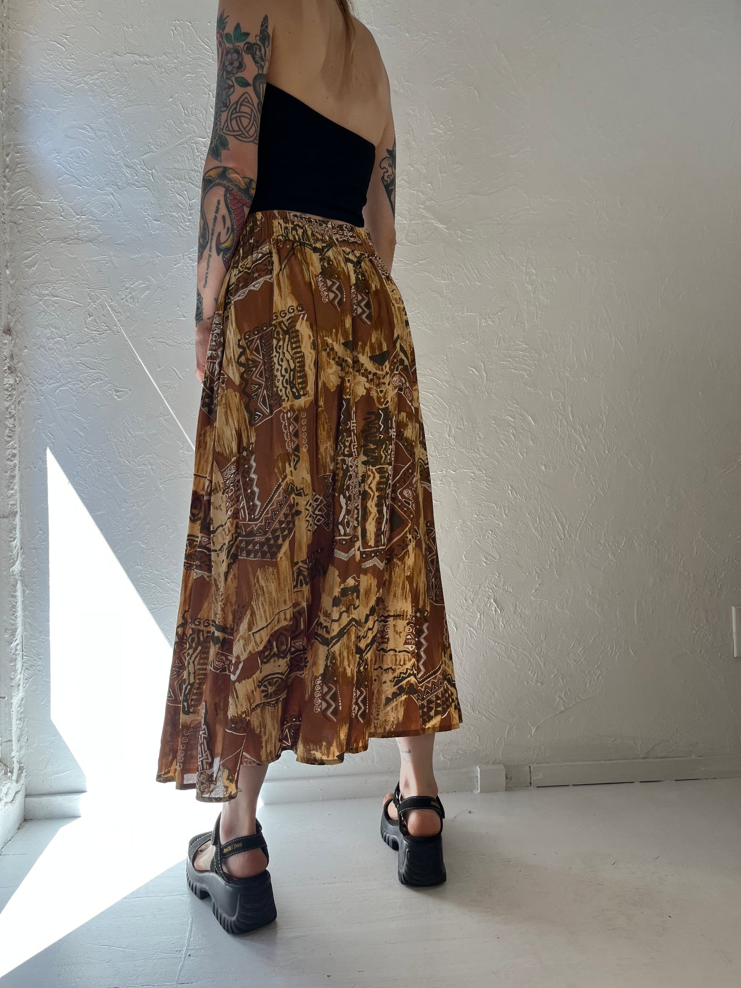 90s 'Casual Corner' Made in USA Brown Abstract Print Button-Up Maxi Skirt / Large