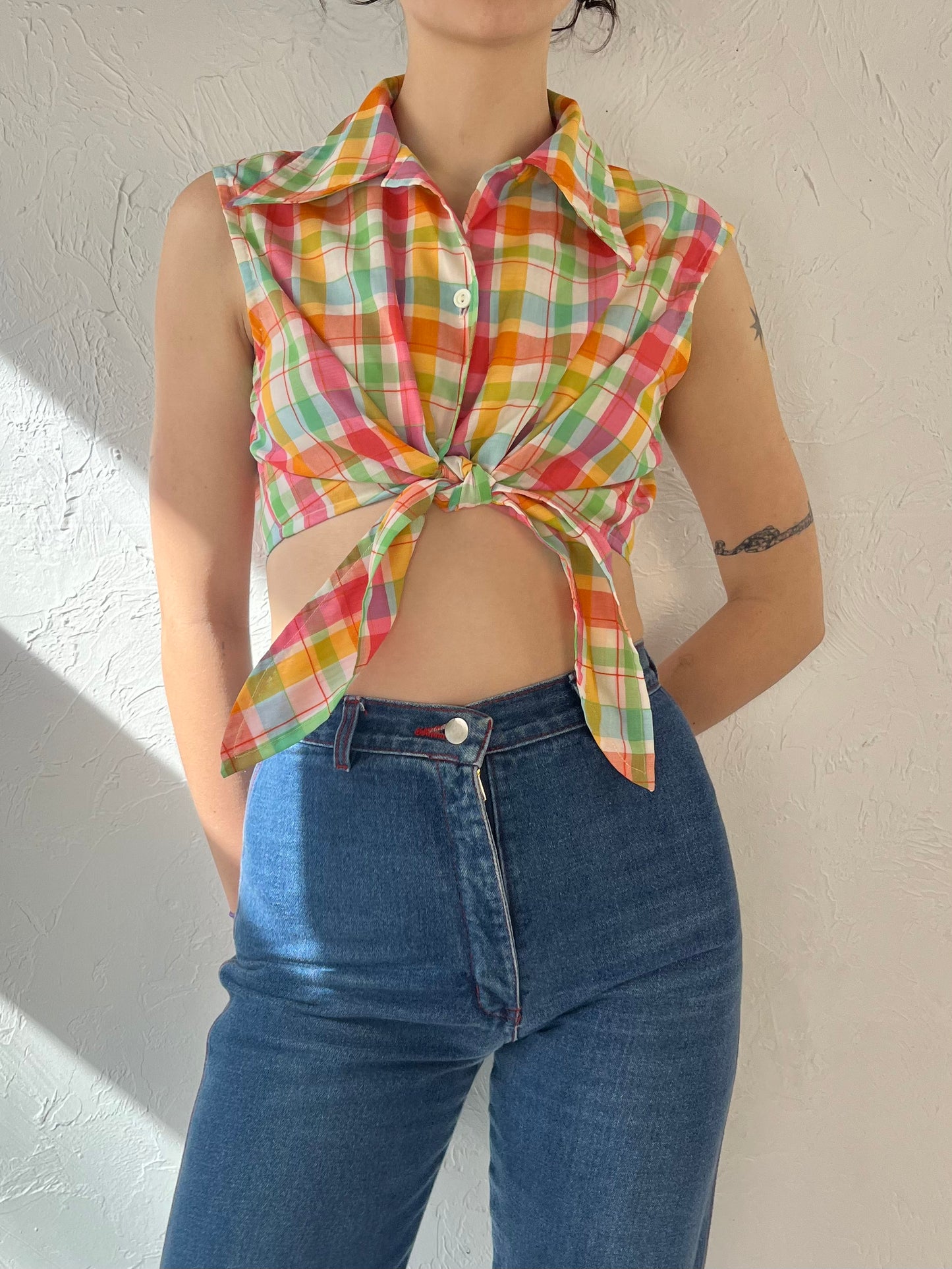 70s 'Fritzy' Plaid Tie Up Crop Top / Small