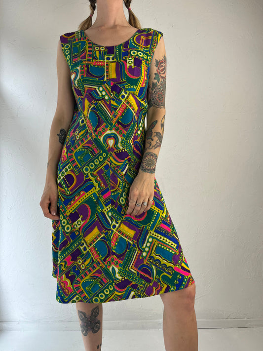80s Jewel Tone Abstract Print Sleeveless Retro Dress / Medium