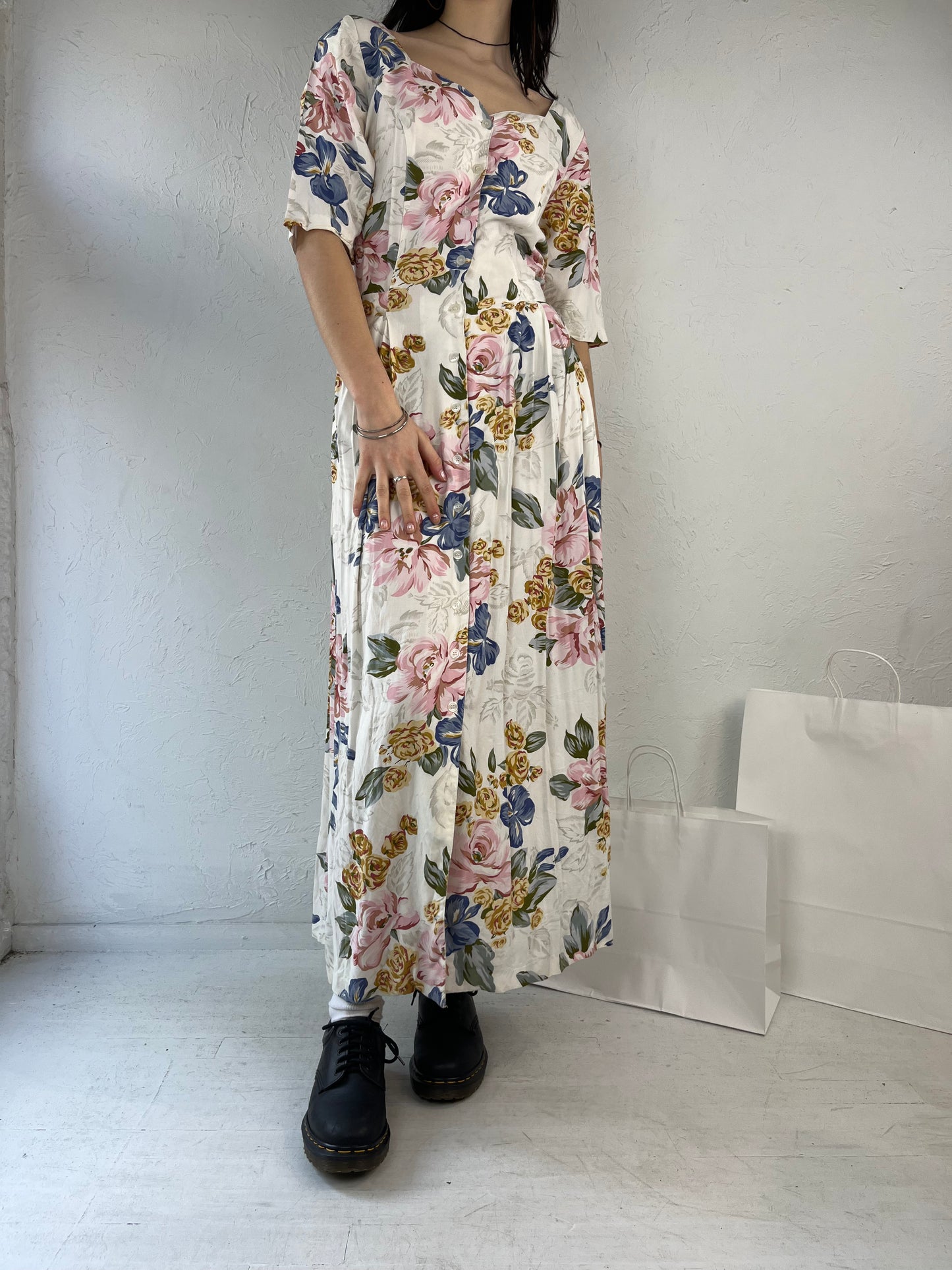 90s 'QPS' Cream Floral Print Rayon Dress / Medium