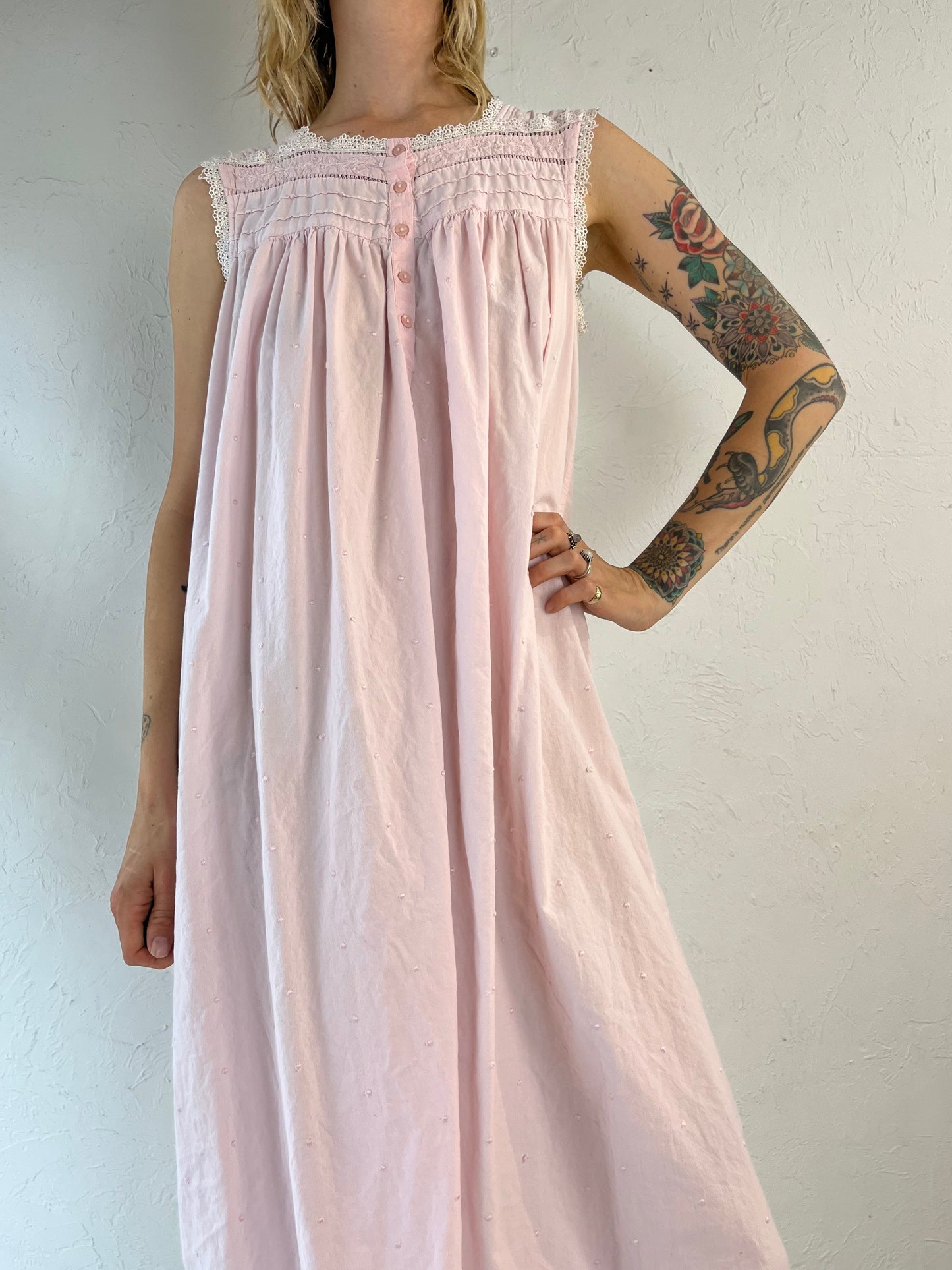 Y2k 'Erica Taylor' Pink Cotton Embroidered Night Dress / Large