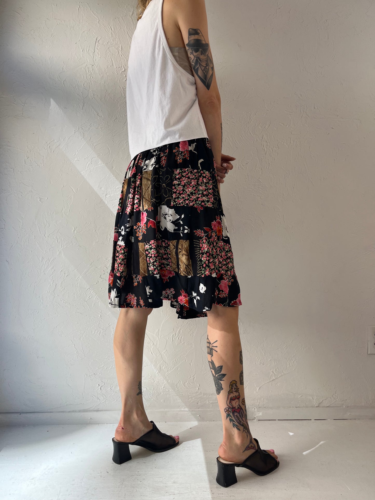 90s Rayon Patchwork Mini Skirt / Medium