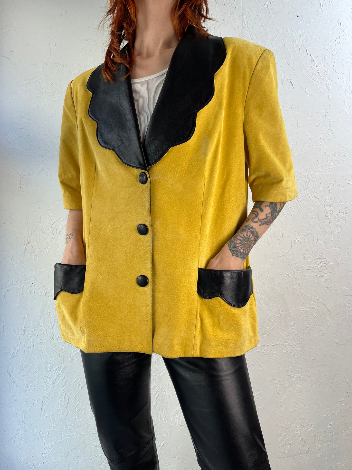 90s 'Danier' Yellow Leather Short Sleeve Jacket / Large