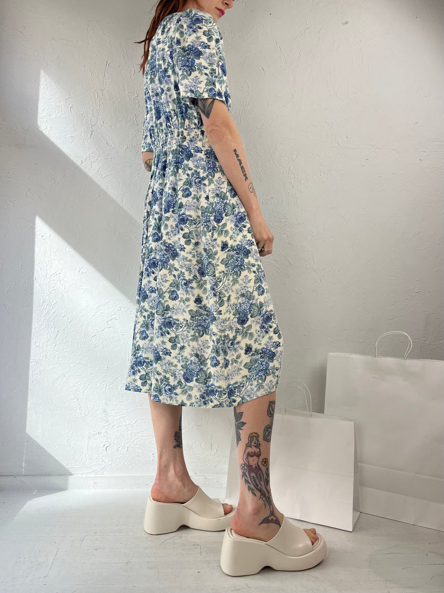 80s ' S.L Fashions' Blue Floral Crew Neck Day Dress