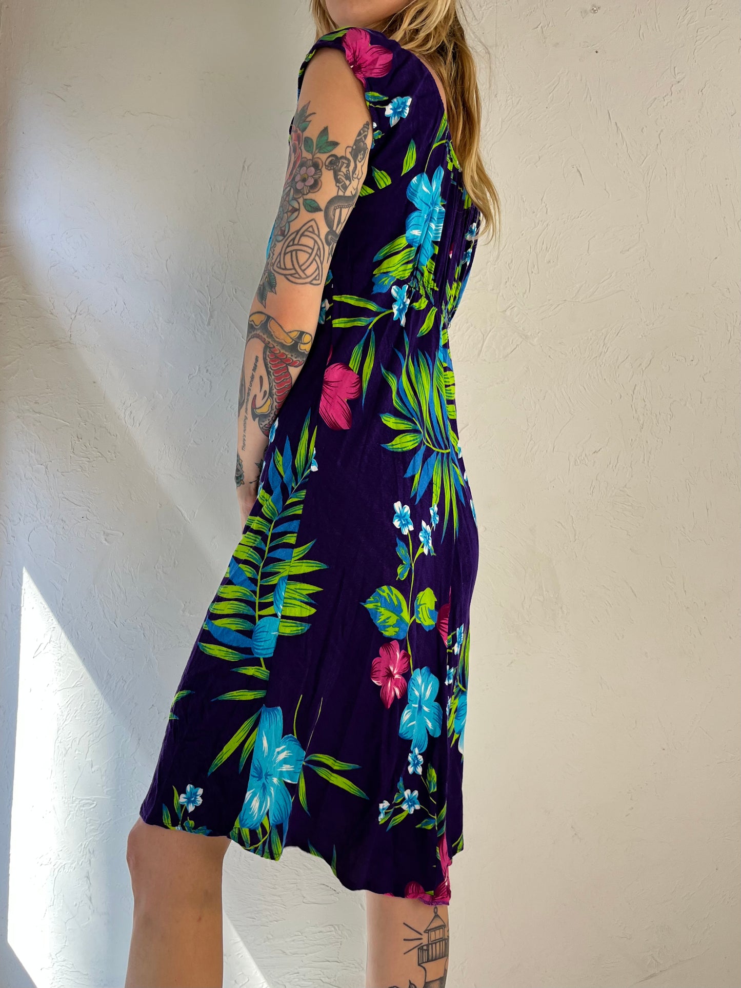 90s Purple Rayon Tropical Print Dress / Medium