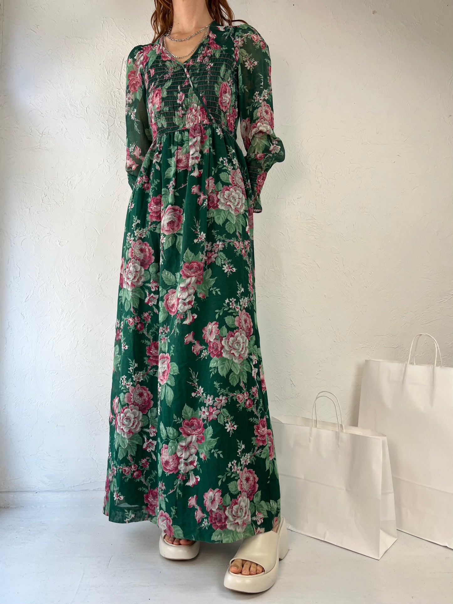 70s 'Bobbie Brooks' Union Made Floral Print Peasant Dress / Small