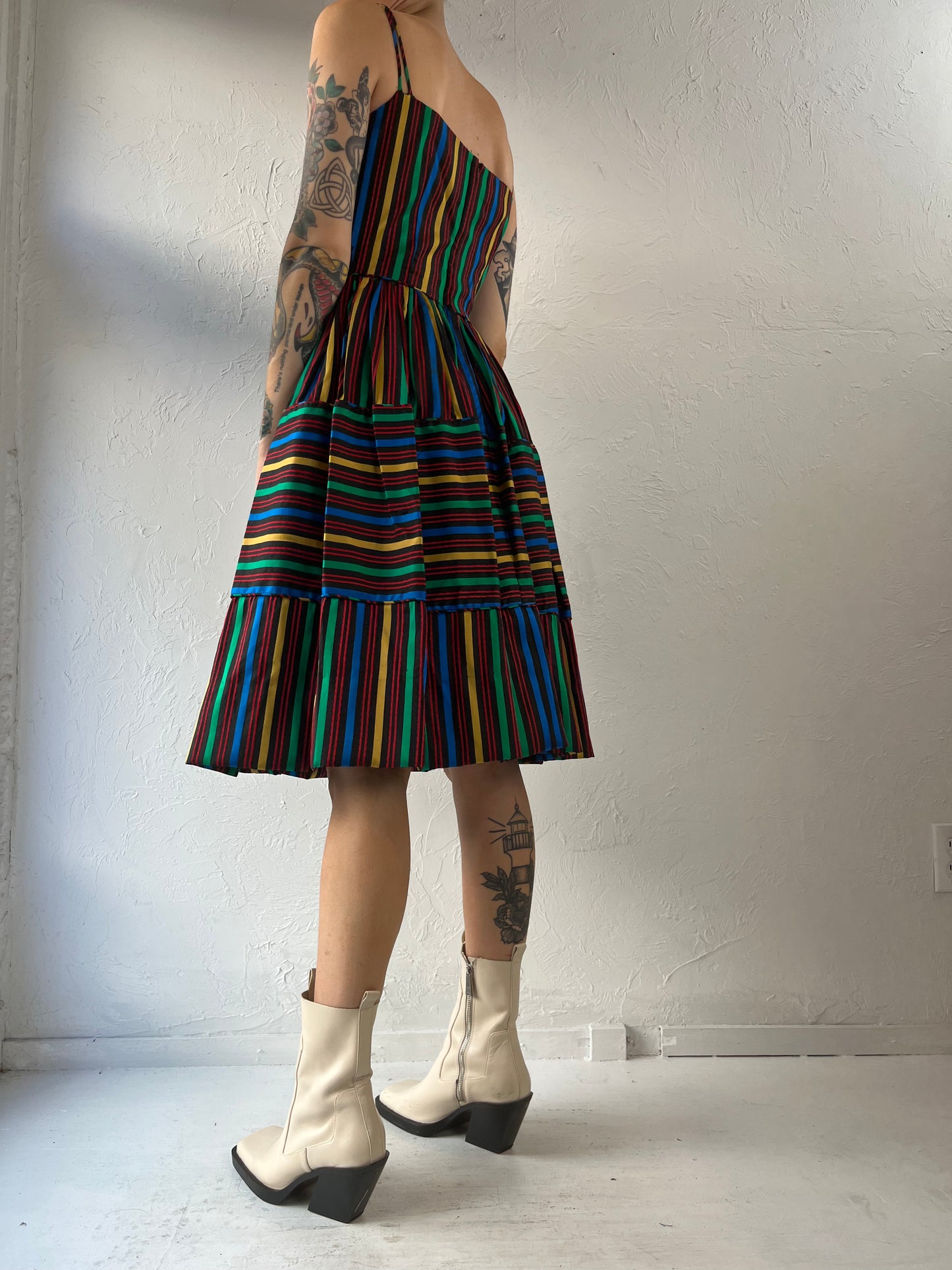 50s 60s 'Maggi Stover' Rainbow Striped Sleeveless A Line Dress / XS - Small