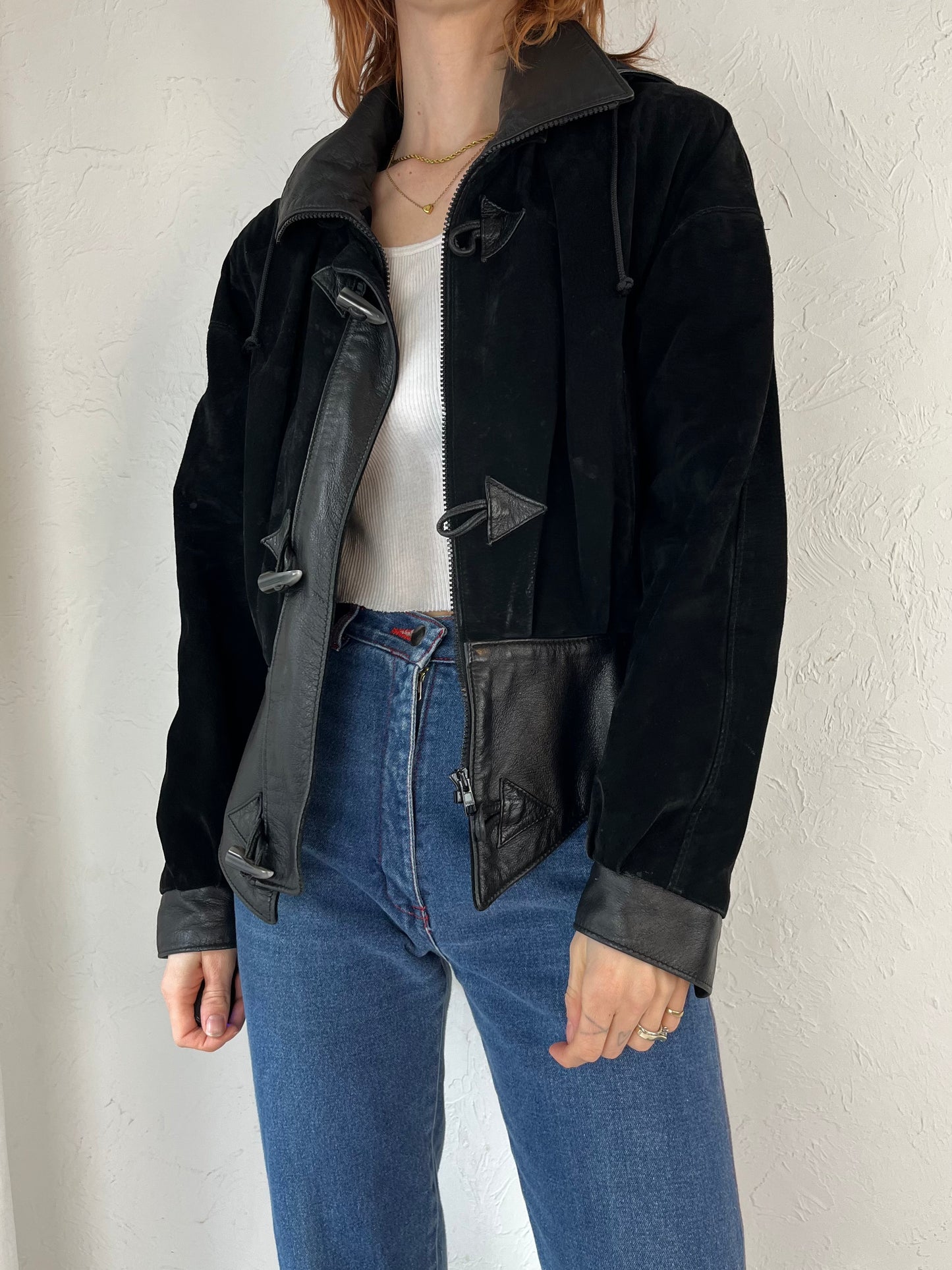 90s 'Leather Ranch' Black Suede Leather Hooded Bomber Jacket /  Small
