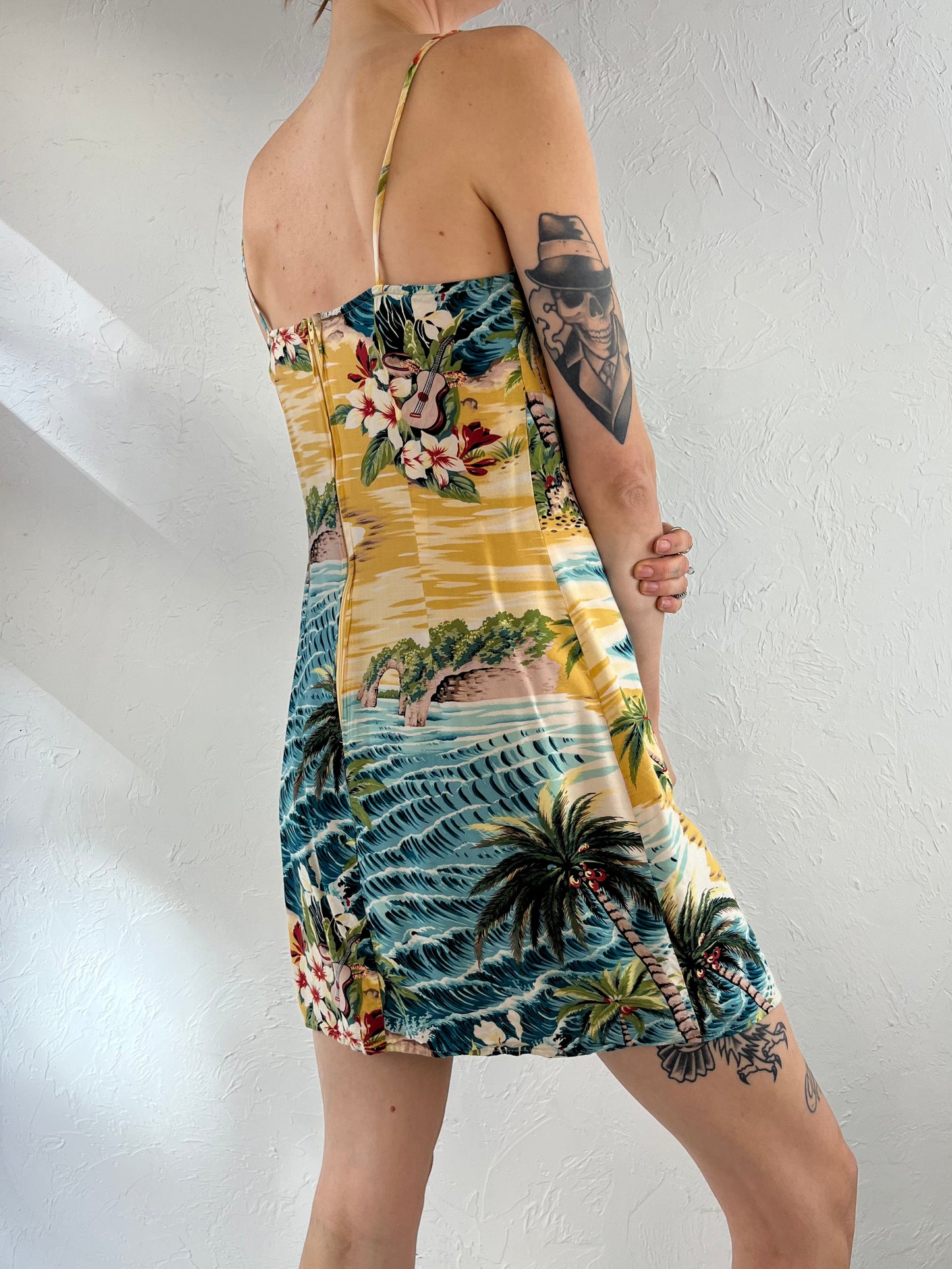 90s 'Street Flowers' Tropical Rayon Mini Dress / Small