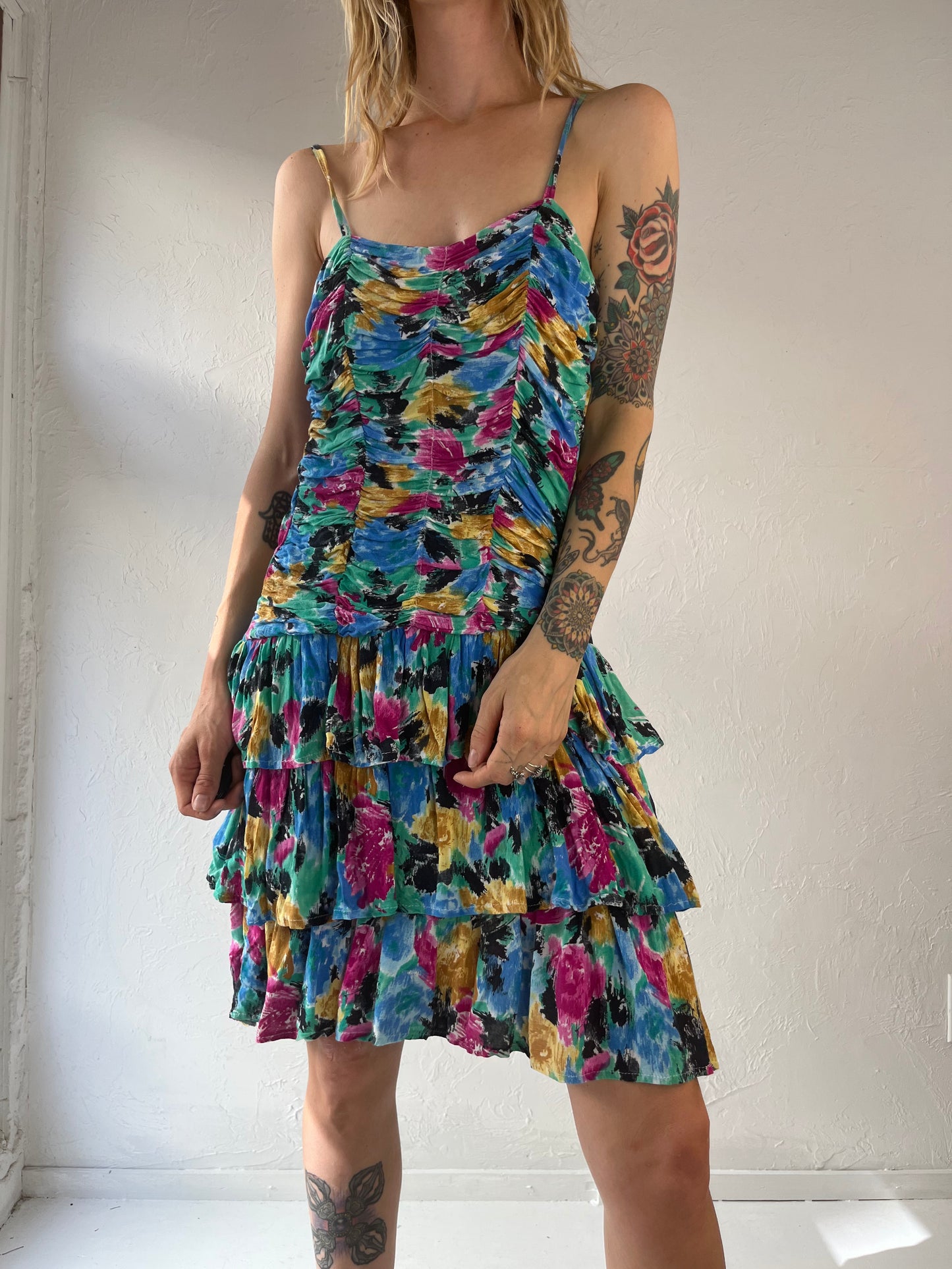 90s Rainbow Ruched Ruffle Sleeveless Dress / Medium