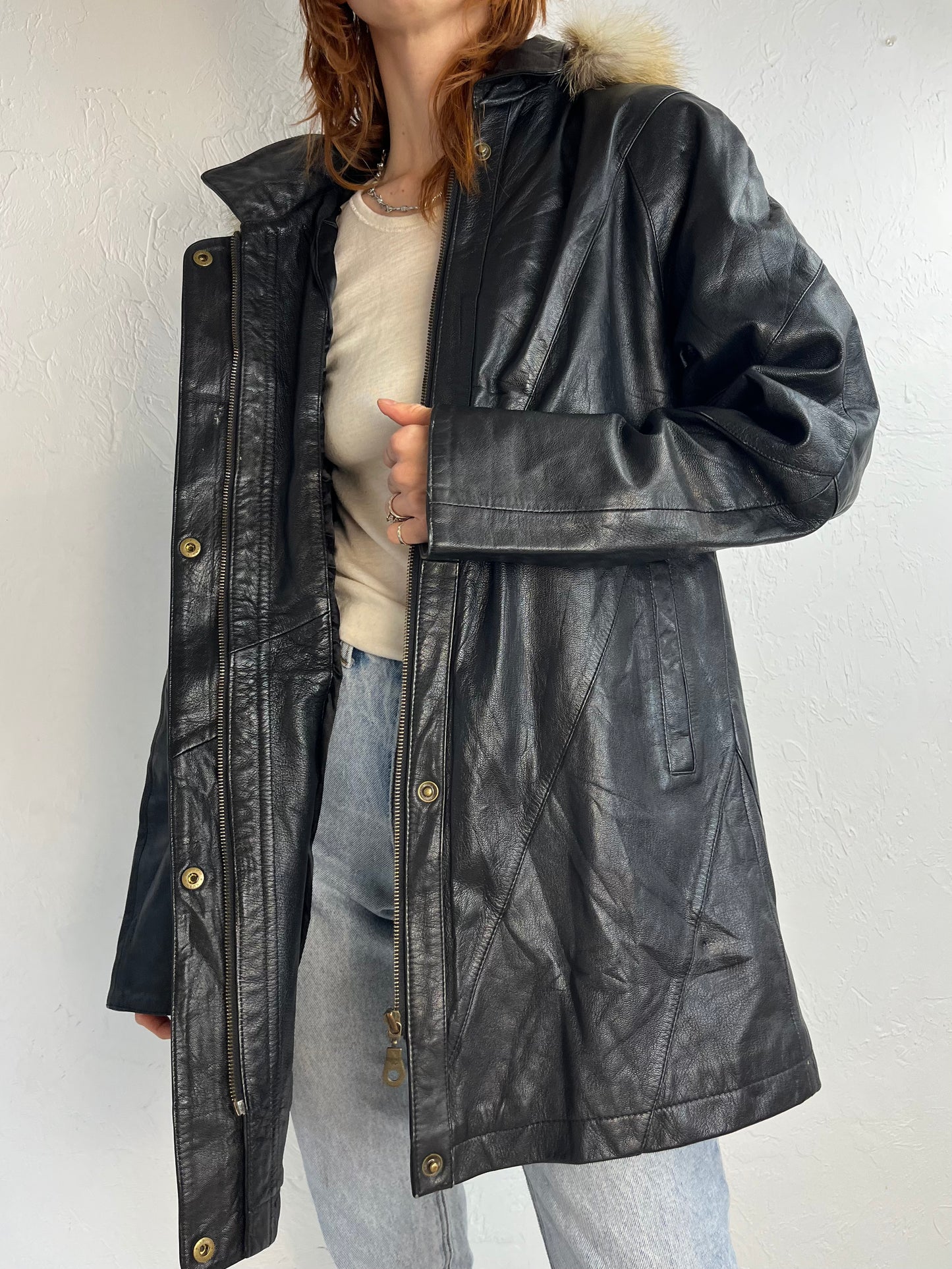 90s Y2K 'Paola Tocci' Black Leather Parka / Large