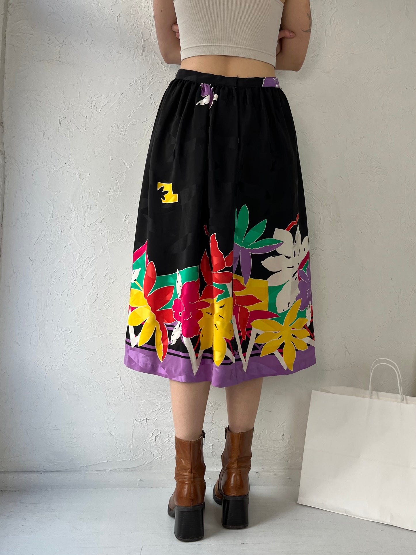 80s 'Umi Collections' Black Floral Pleated A-Line Skirt