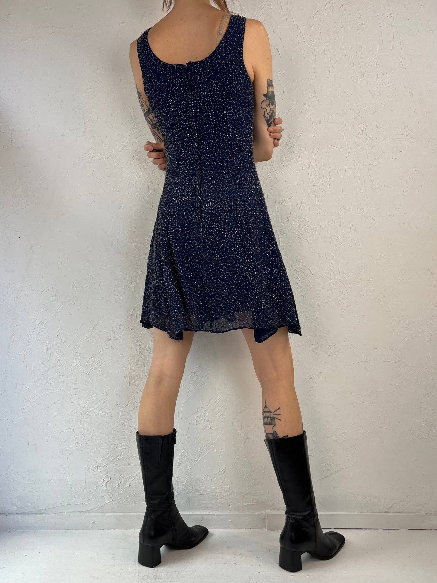 90s Navy Blue Beaded Party Dress / Small