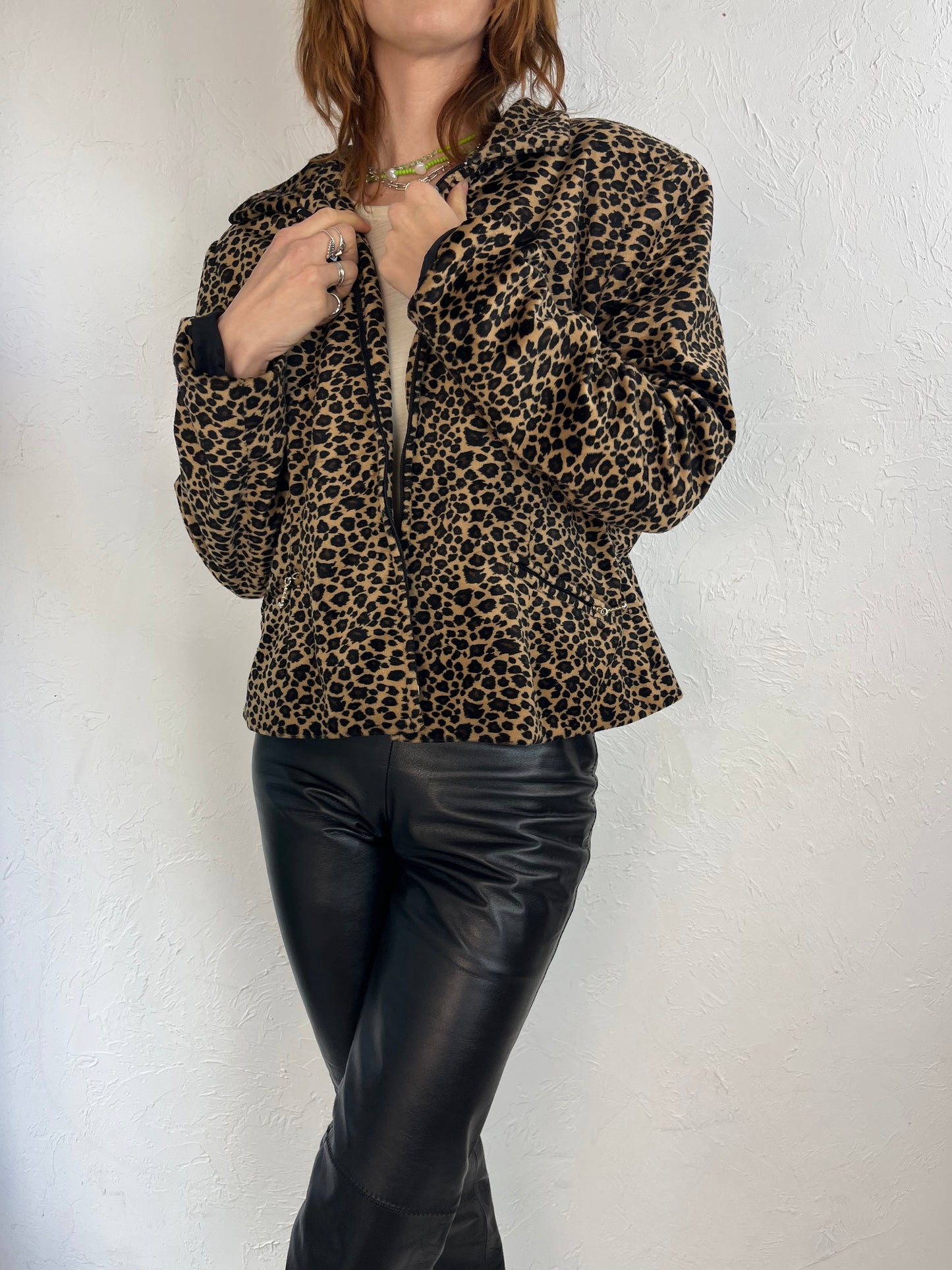 90s 'Laura' Leopard Print Velour Jacket / Small