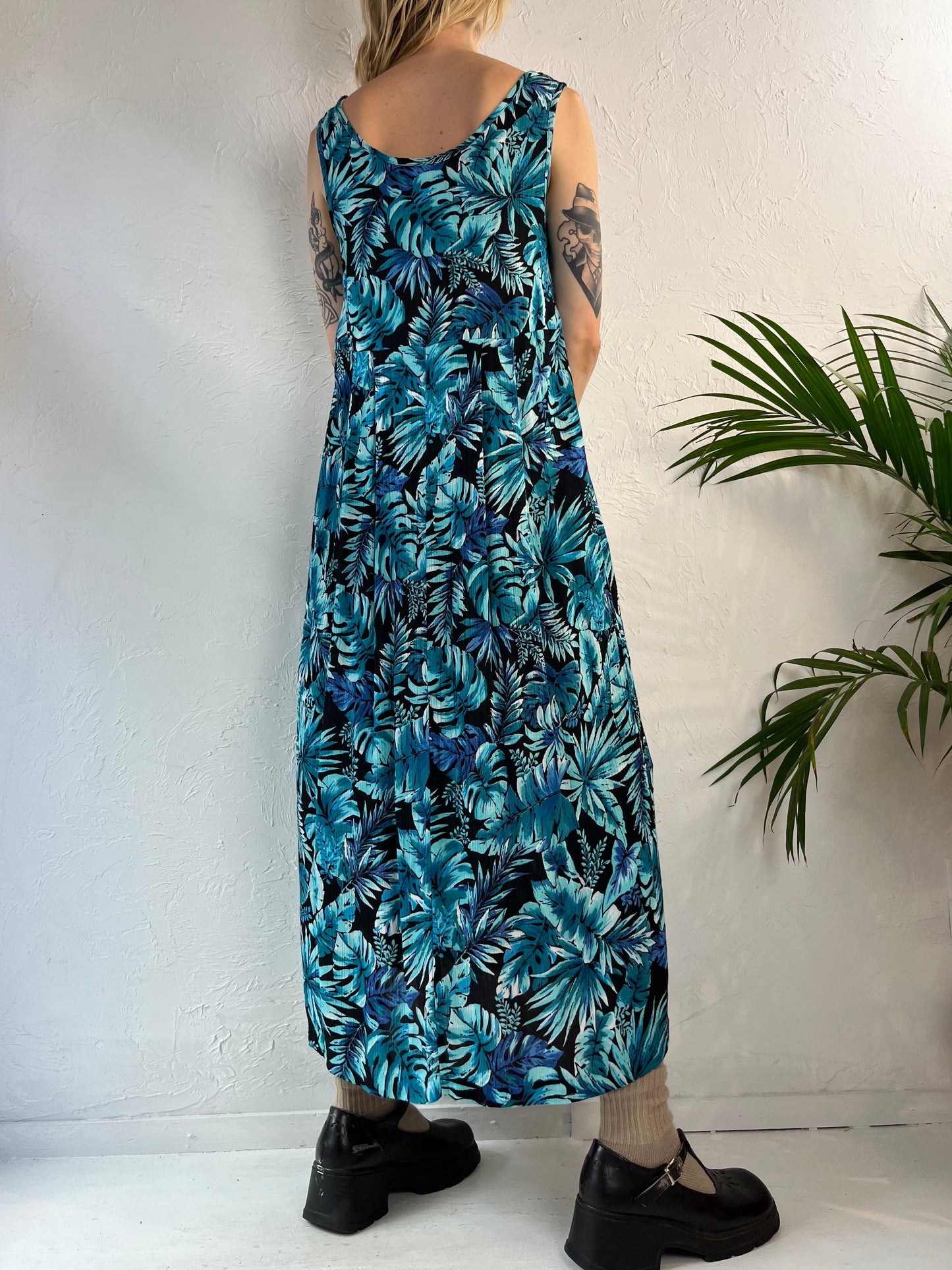 90s 'All That Jazz' Blue Floral Print Rayon Dress / Medium