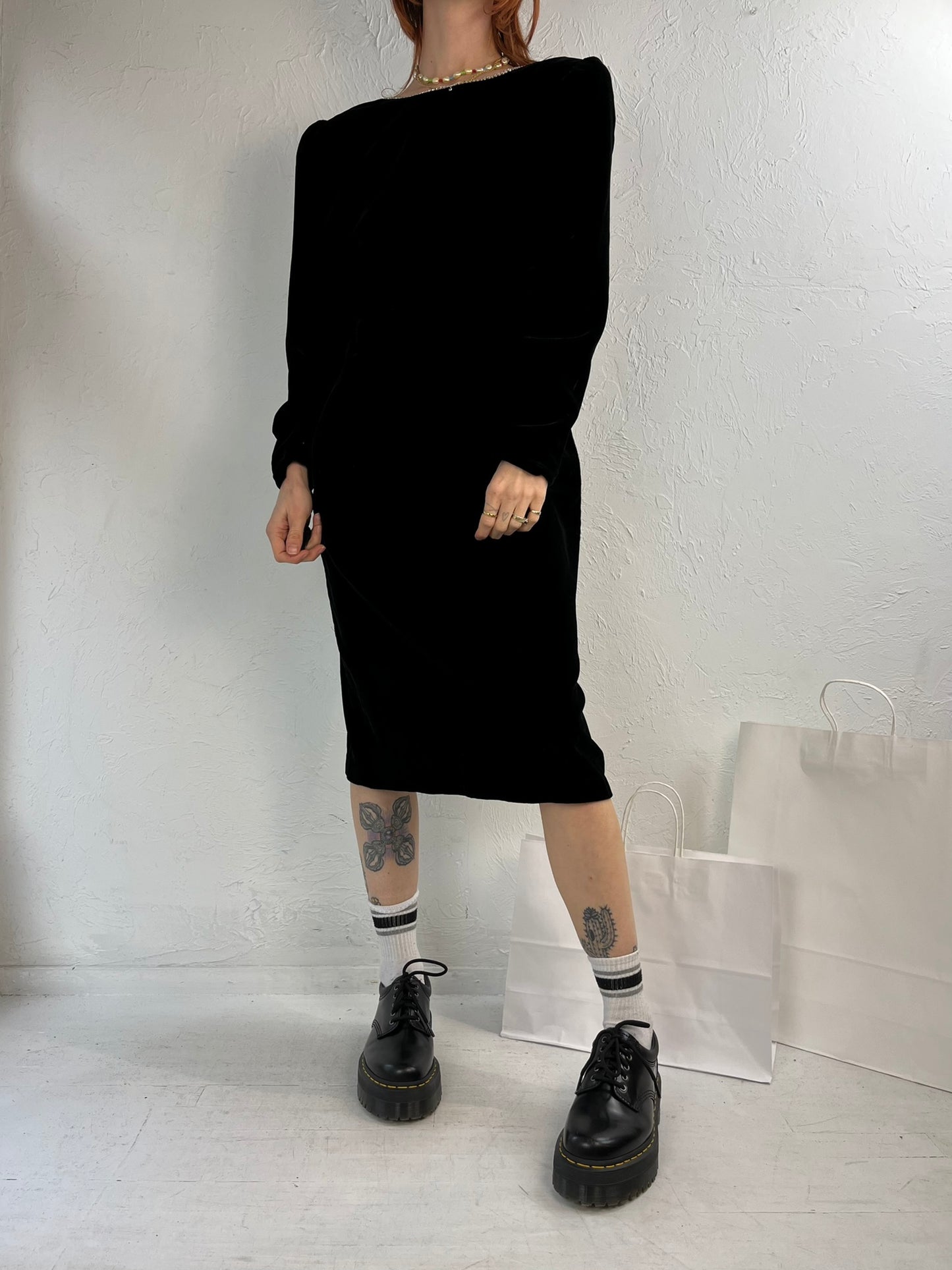 90s 'Orite' Black Backless Velvet Long Sleeve Evening Dress / Medium