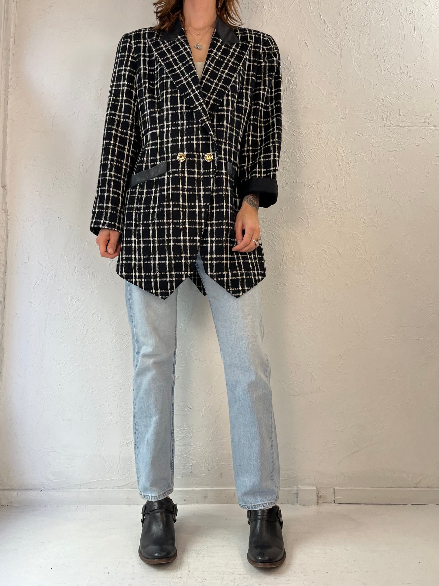 90s 'Simon Chang' Wool Oversized Check Blazer Jacket / Large