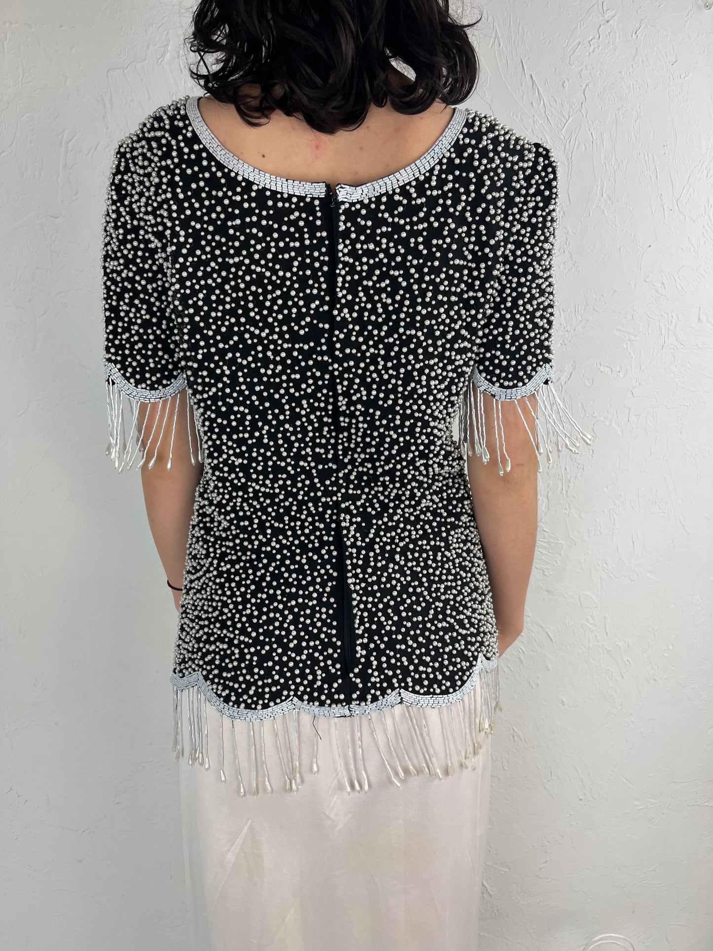 90s ‘Laurence Kager’ Black Beaded Silk Blouse / Small