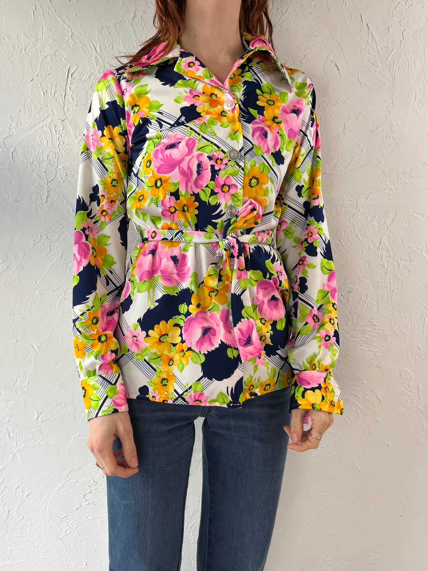 70s Retro Floral Print Blouse / Small
