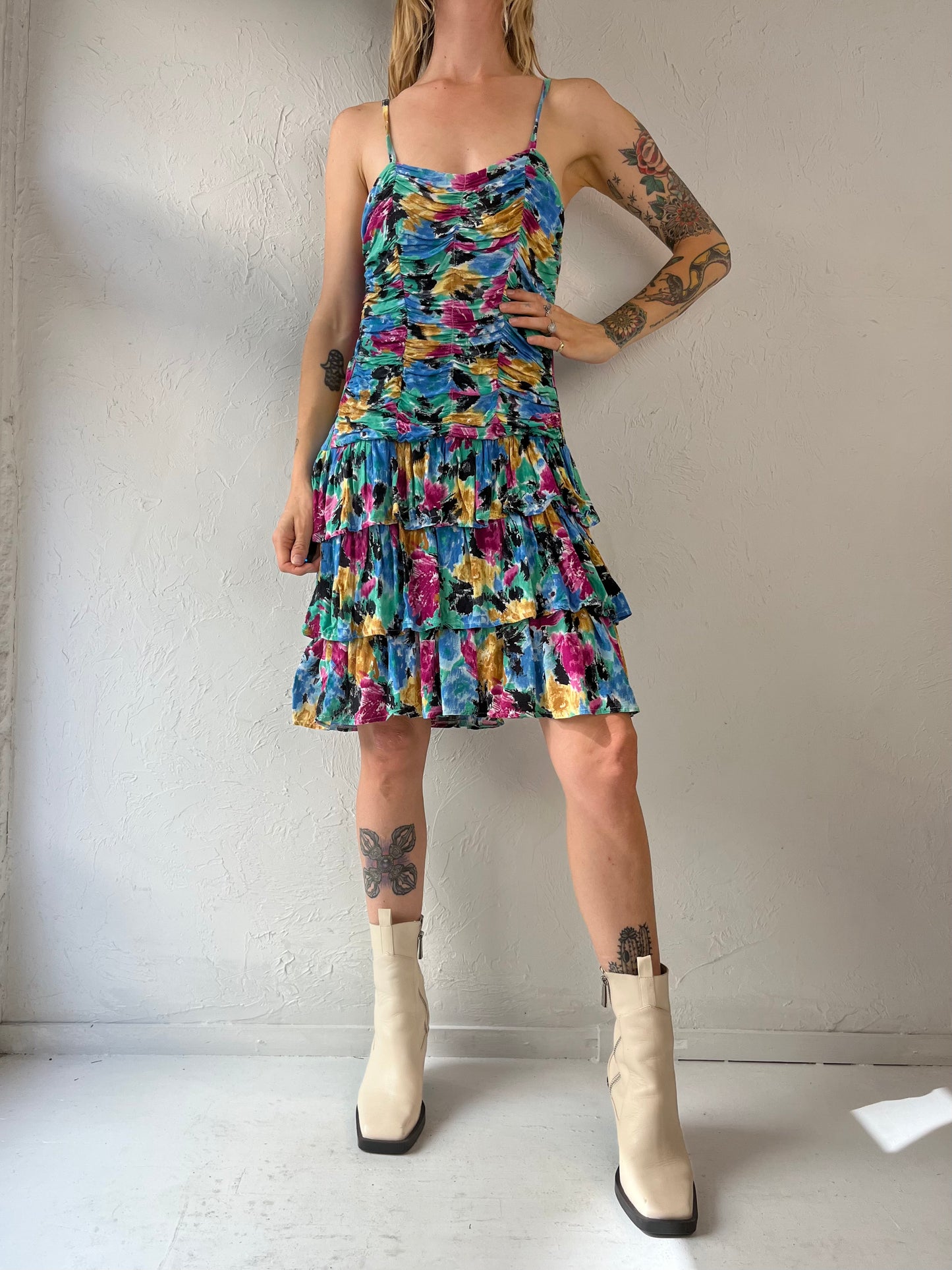 90s Rainbow Ruched Ruffle Sleeveless Dress / Medium