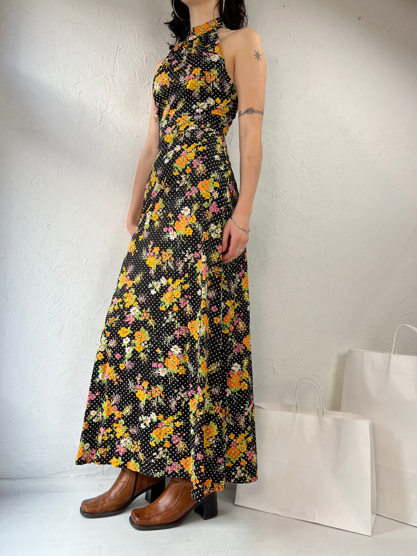 60s 70s Union Made Black Floral Hippie Halter Maxi Dress