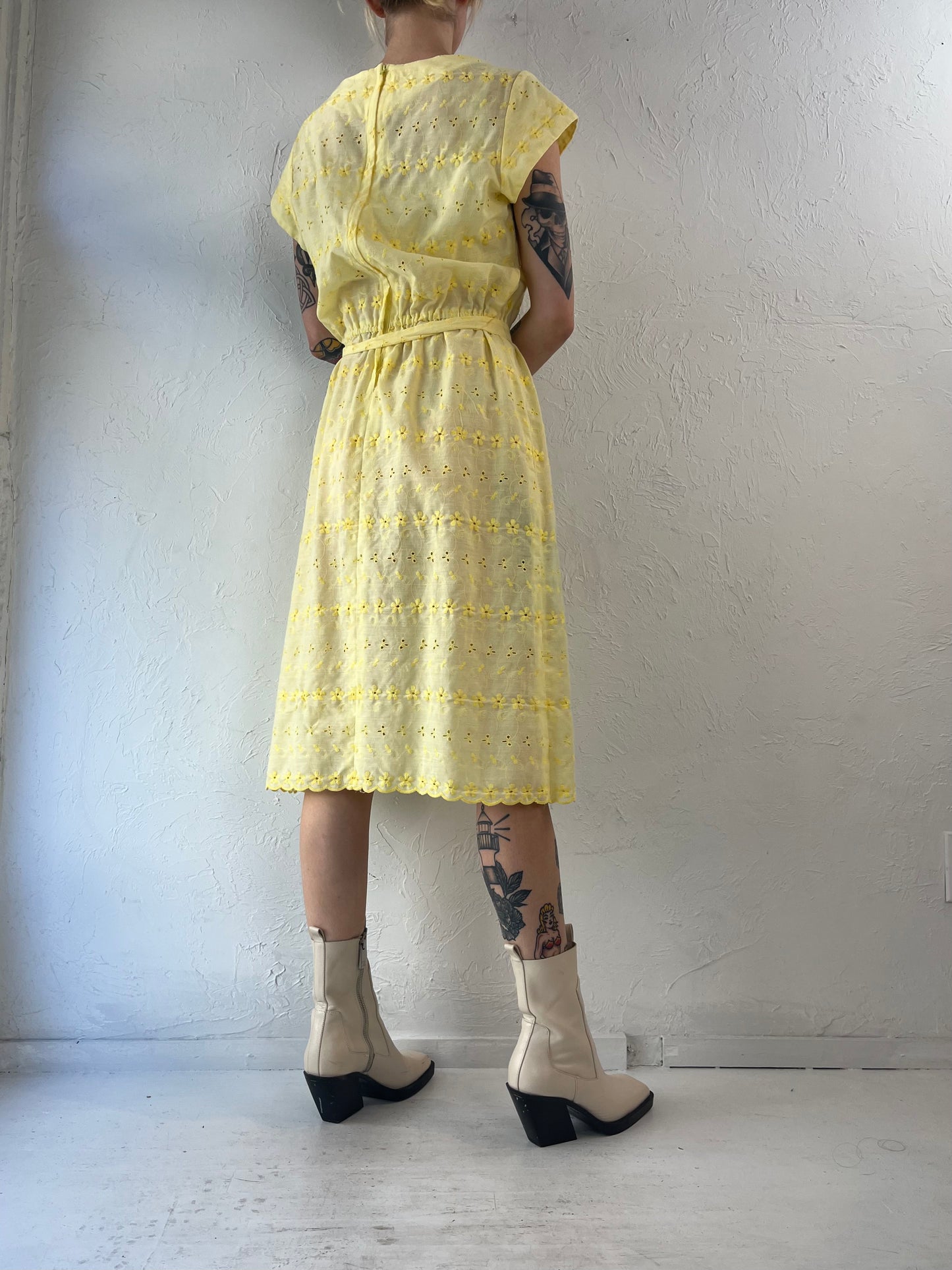 90s Yellow Eyelet A Line Dress / Small