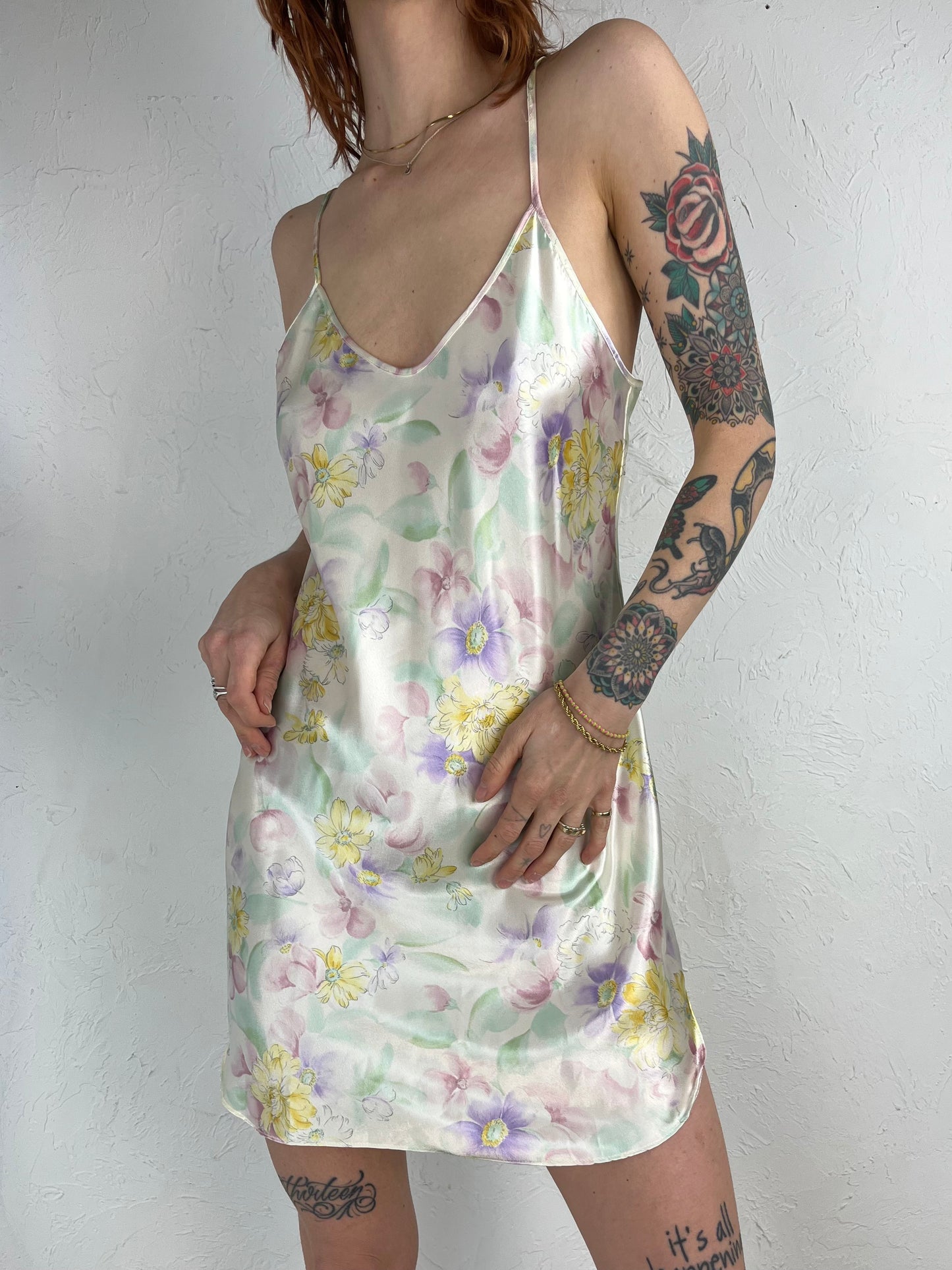 90s 'Dentelle' Pastel Floral Print Mini Slip Dress / Small