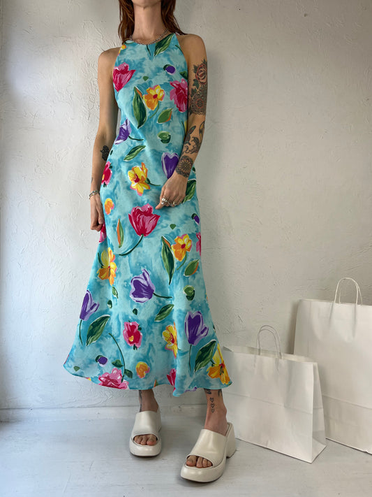 90s 'Hampton Nites' Blue Floral Print Maxi Dress / Small - Medium
