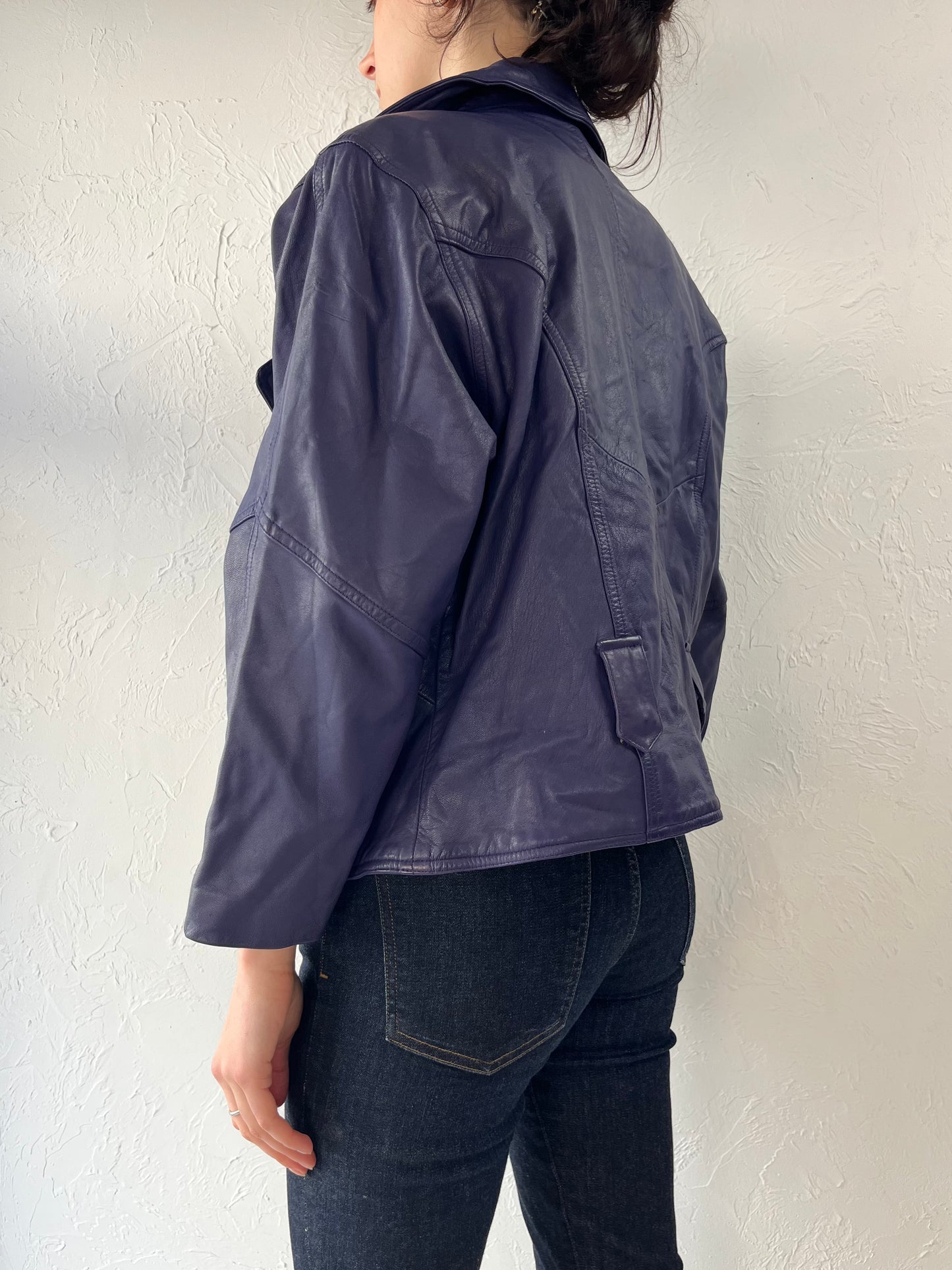 Y2K Dark Purple Leather Moto Jacket / Medium