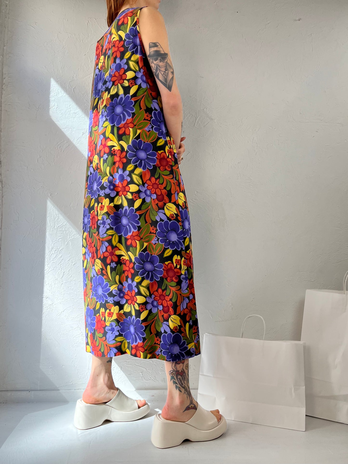 90s 'Orchid' Sleeveless Retro Floral Print Dress / Large