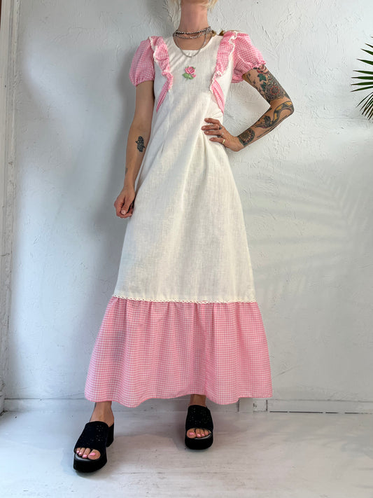 90s Cream Pink Gingham Handmade Prairie Dress / XS