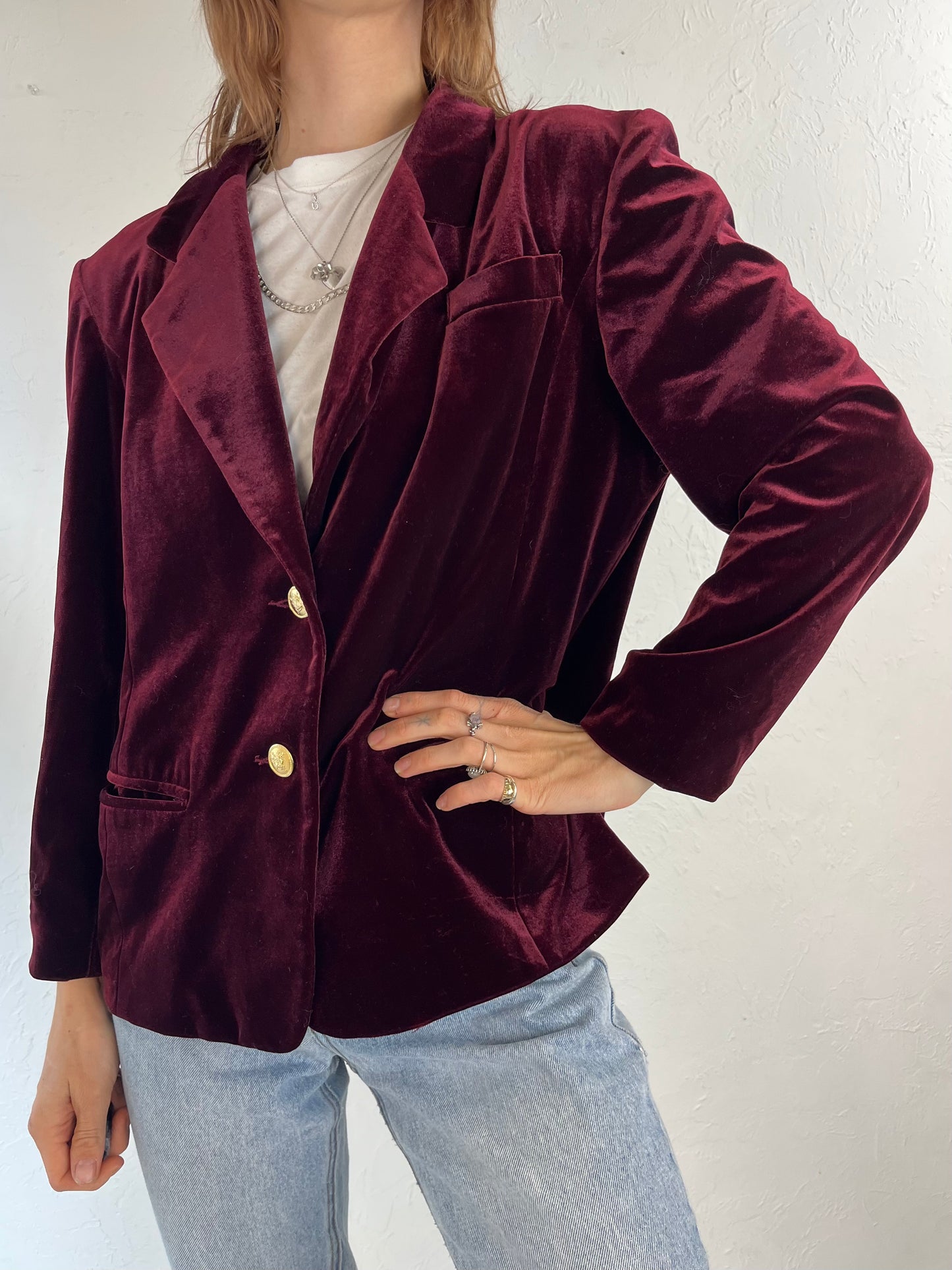 90s 'Mirumer' Red Velvet Blazer Jacket / Medium