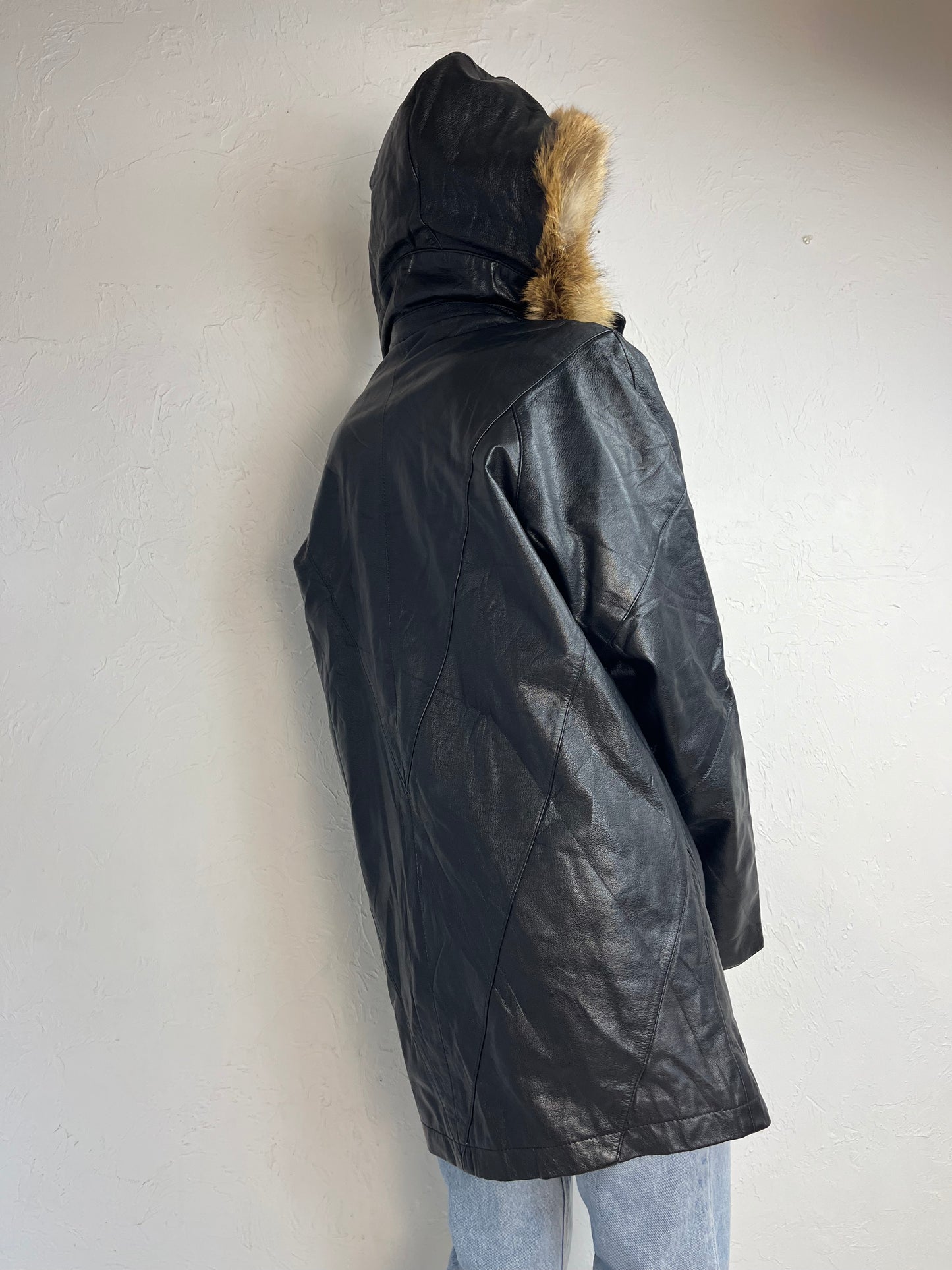 90s Y2k 'Paola Tocci' Black Leather Parka / Large