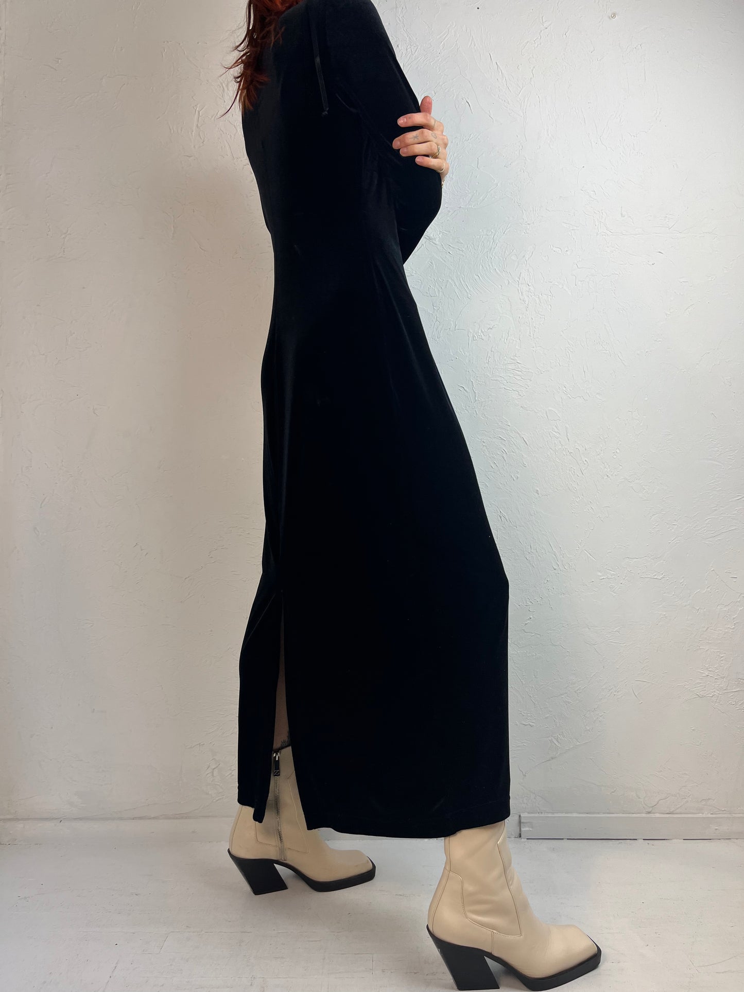 90s 'Kathie Lee' Black Velvet Long Sleeve Dress / Small