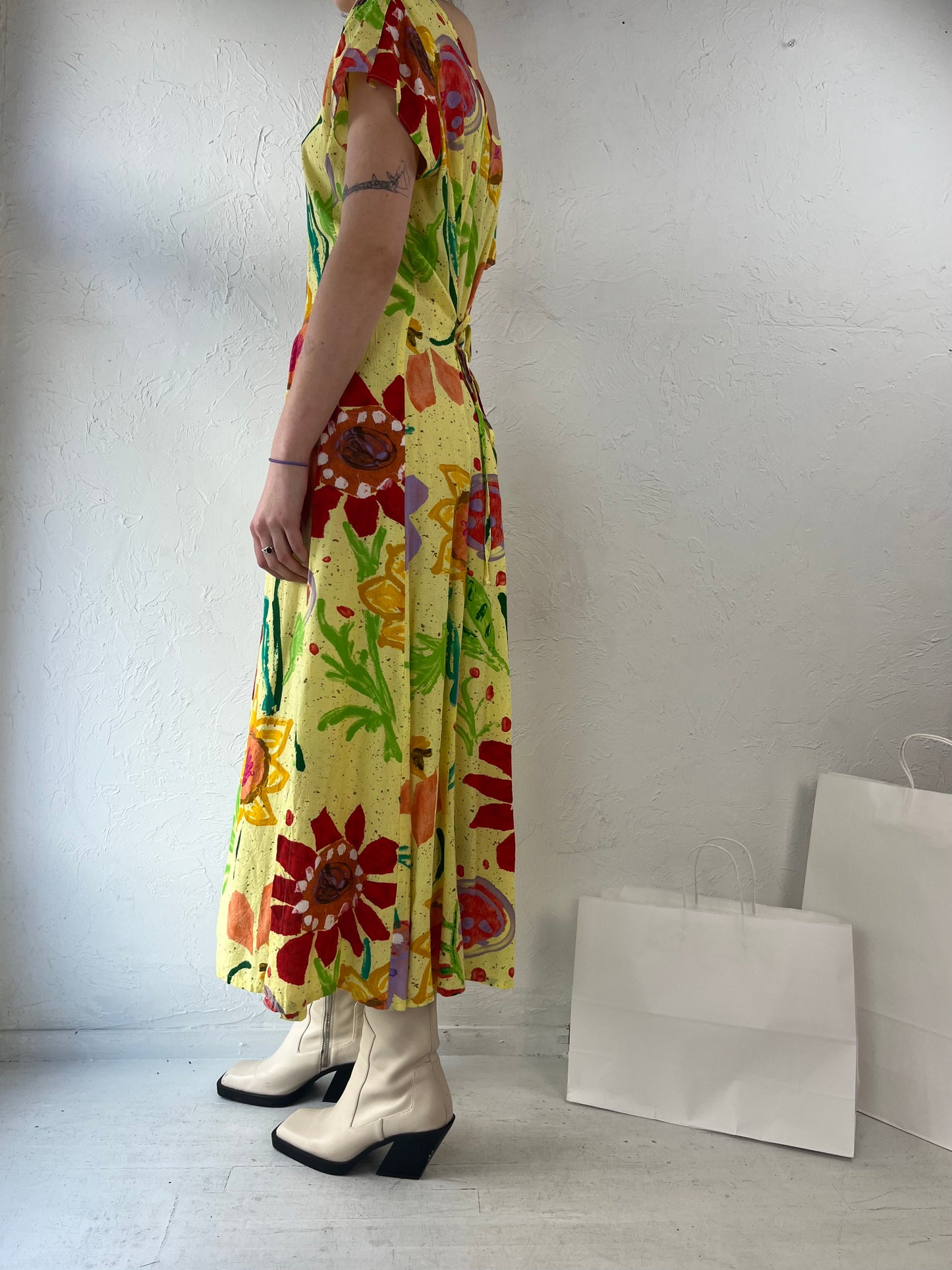 90s Jams World Yellow Floral Print Rayon Dress / Medium
