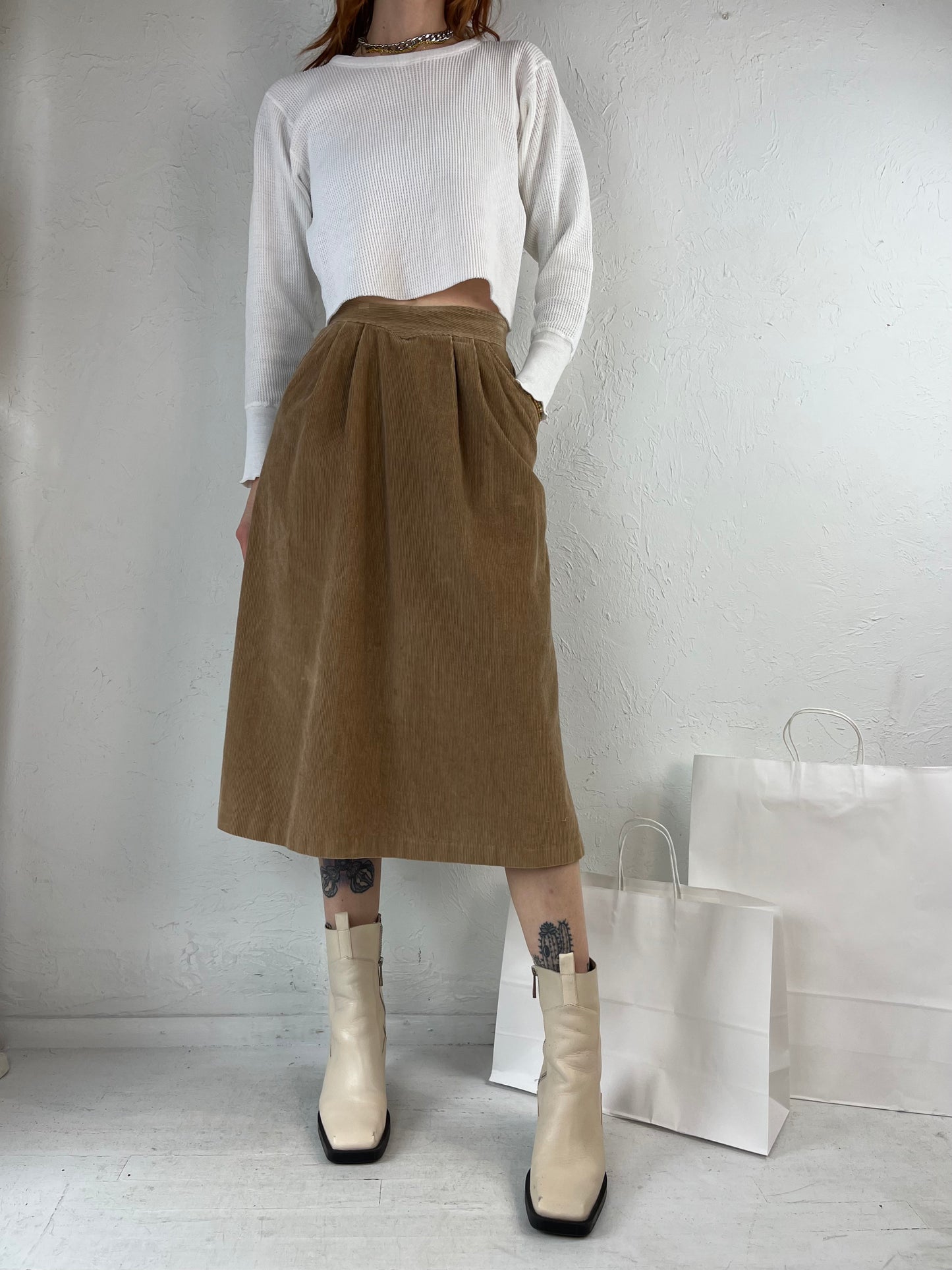 70s 'Mister Leonard' Beige Corduroy Midi Skirt / Small