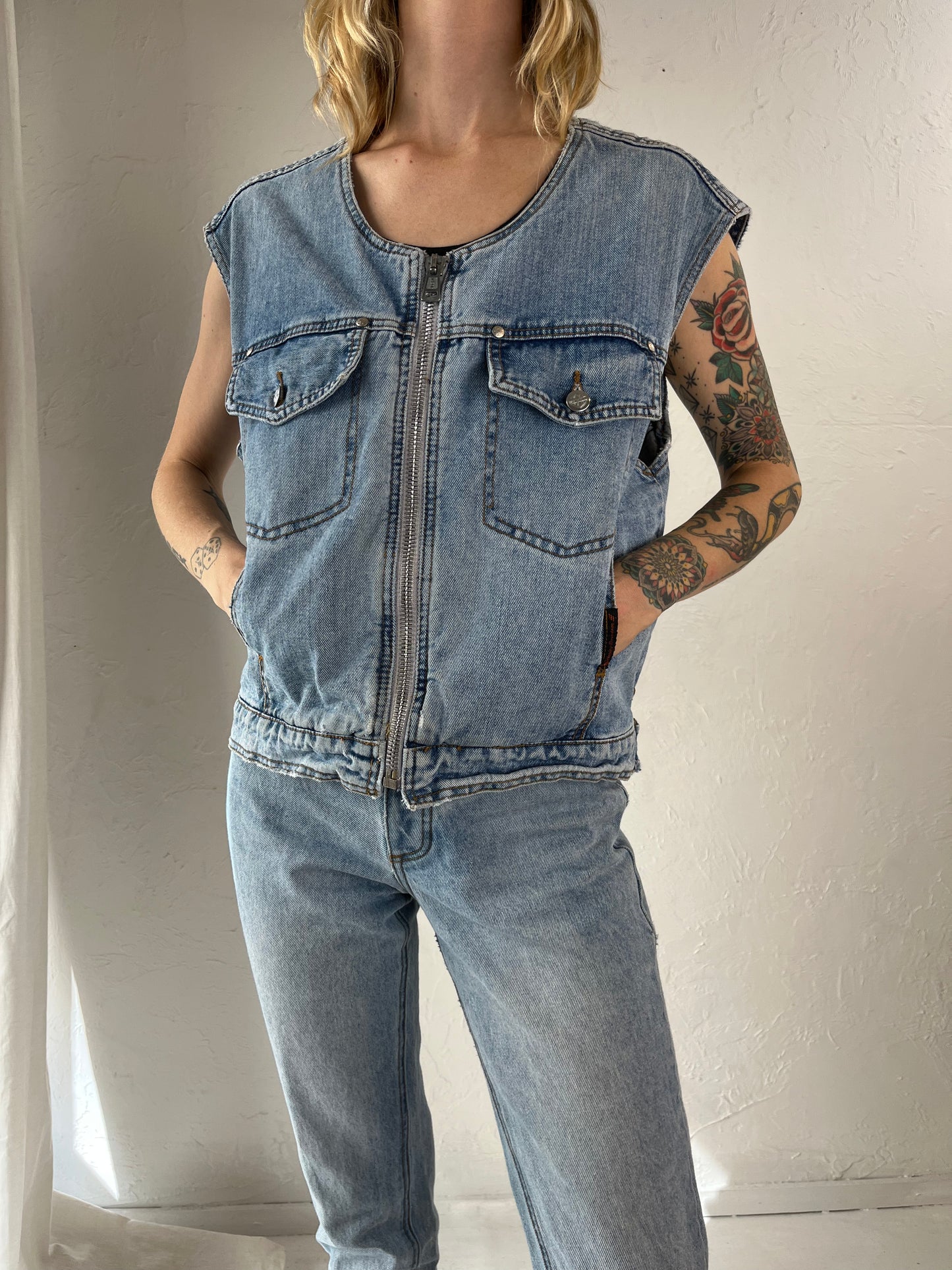 90s 'Harley Davidson' Zip Up Denim Vest / Small