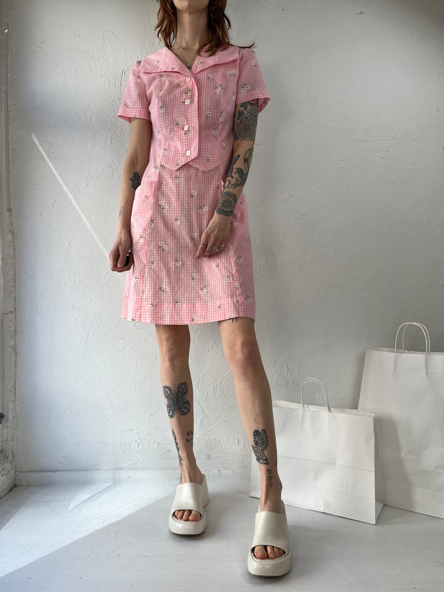 70s Handmade Pink Gingham Collared Mini Dress / Small