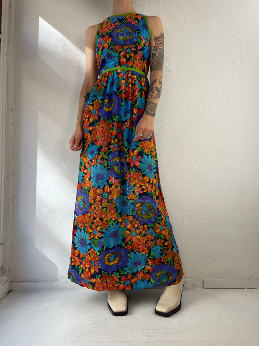 70s 80s Floral Print Maxi Dress w/ Keyhole Back / Small