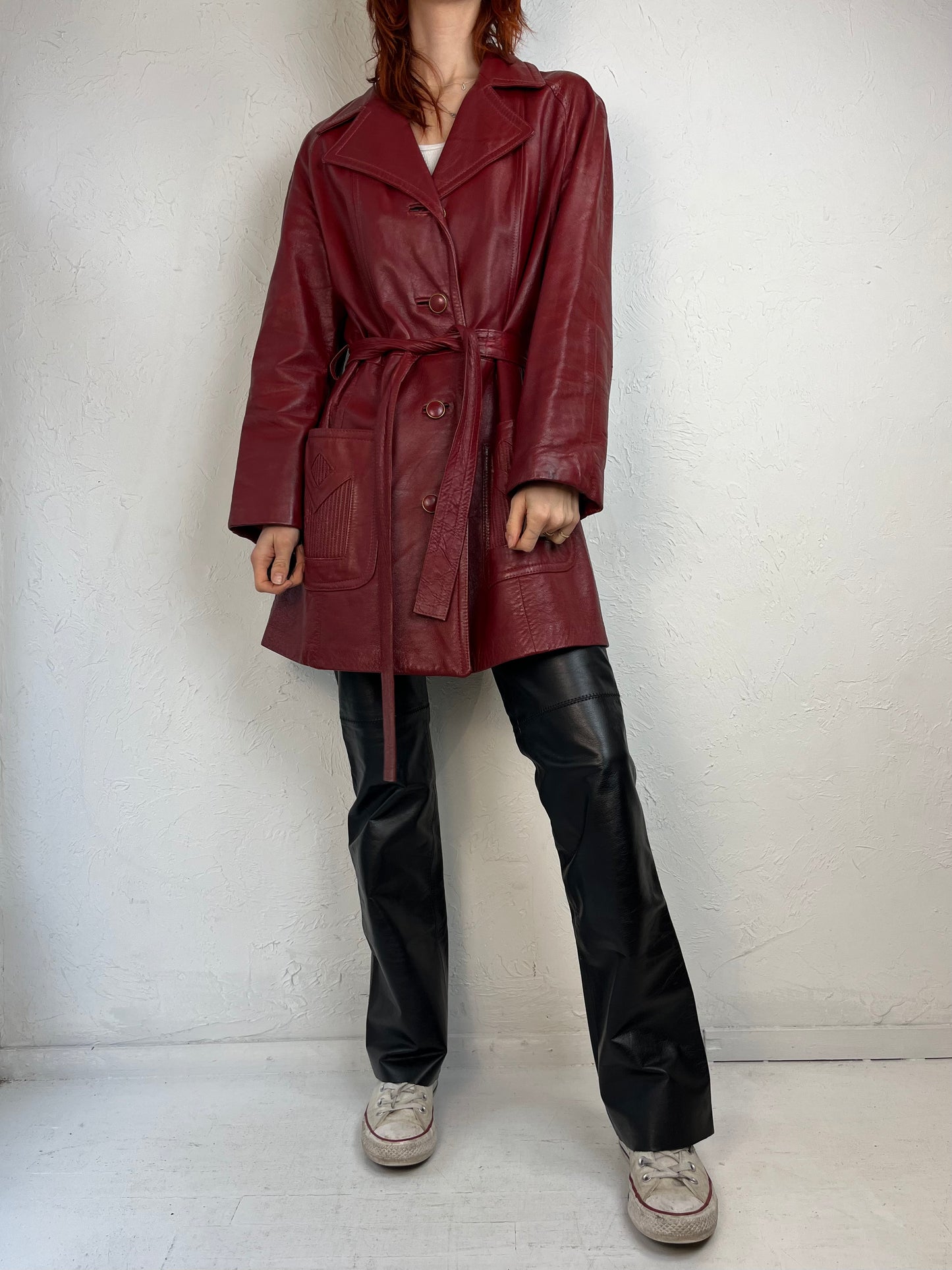 70s 'Dan Di Modes' Red Leather Half Trench Coat Jacket / Medium
