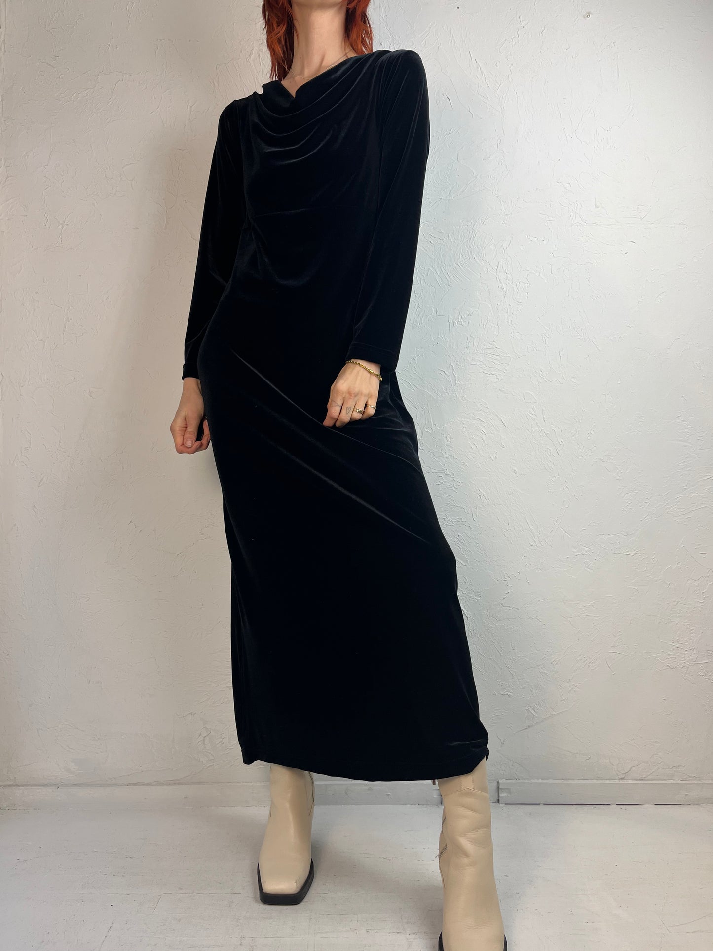 90s 'Kathie Lee' Black Velvet Long Sleeve Dress / Small